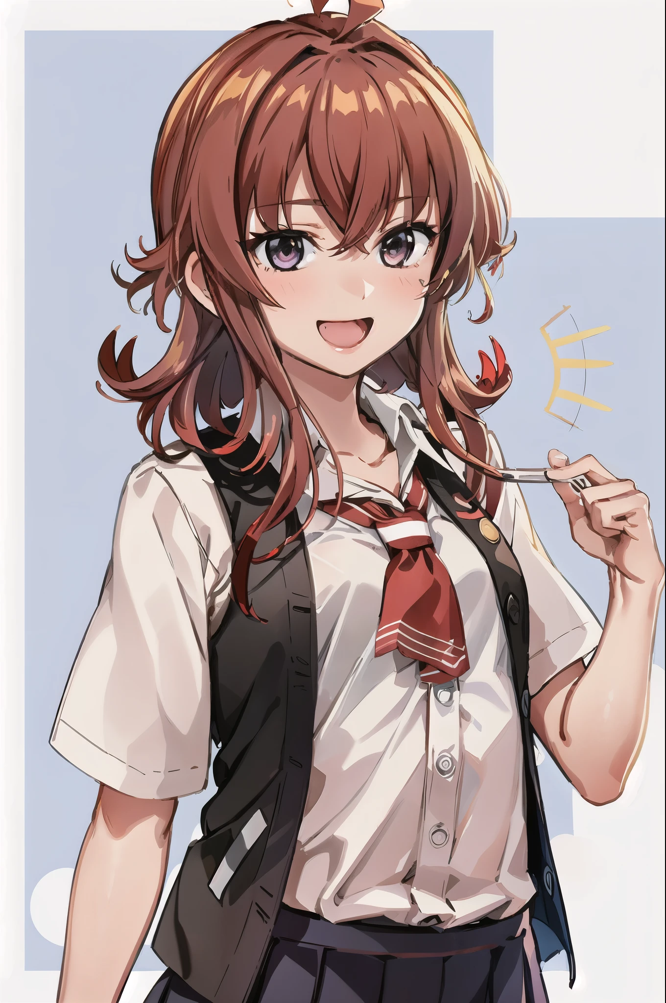 1 girl, alone, whole body, pleated skirt top quality, masterpiece, High resolution, alone, (arashi_Fleet Collection), length_hair, red_hair, One_~ side_superior, Ahoge, Brown_eye, red面, ribbon, red_ribbon, vest, head_ribbon, light smile, chest, black_vest, blouse, e in altern_costume, collarbOne, Jacket, purple_eye, short sleeve shirt, classroom background, :d, Open_Clothes, superiorから:1.2