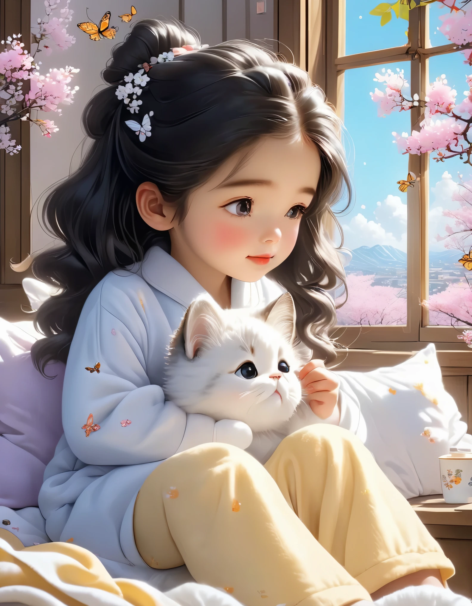 (Best Quality,4K,8K,HD,Masterpiece:1.2),Super Detailed,Realistic:1.37,Illustration,Studio Ghibli Inspired,Bed Scene,(Girl Sitting on Window Sill Drinking Coffee,A Lazy Garfield Sleeping),Spring Morning,Lazy,Cute,Detailed Eyes,Black Hair,(Highlighting the expression of the girl's fleshy and detailed little lips),Reluctant,,Essence of Spring. Butterflies fluttering,pajamas with little pink flowers,spring flower trees,spring flowers,bright colors,warm sunlight,soft light,cozy atmosphere,vibrant,youthful.