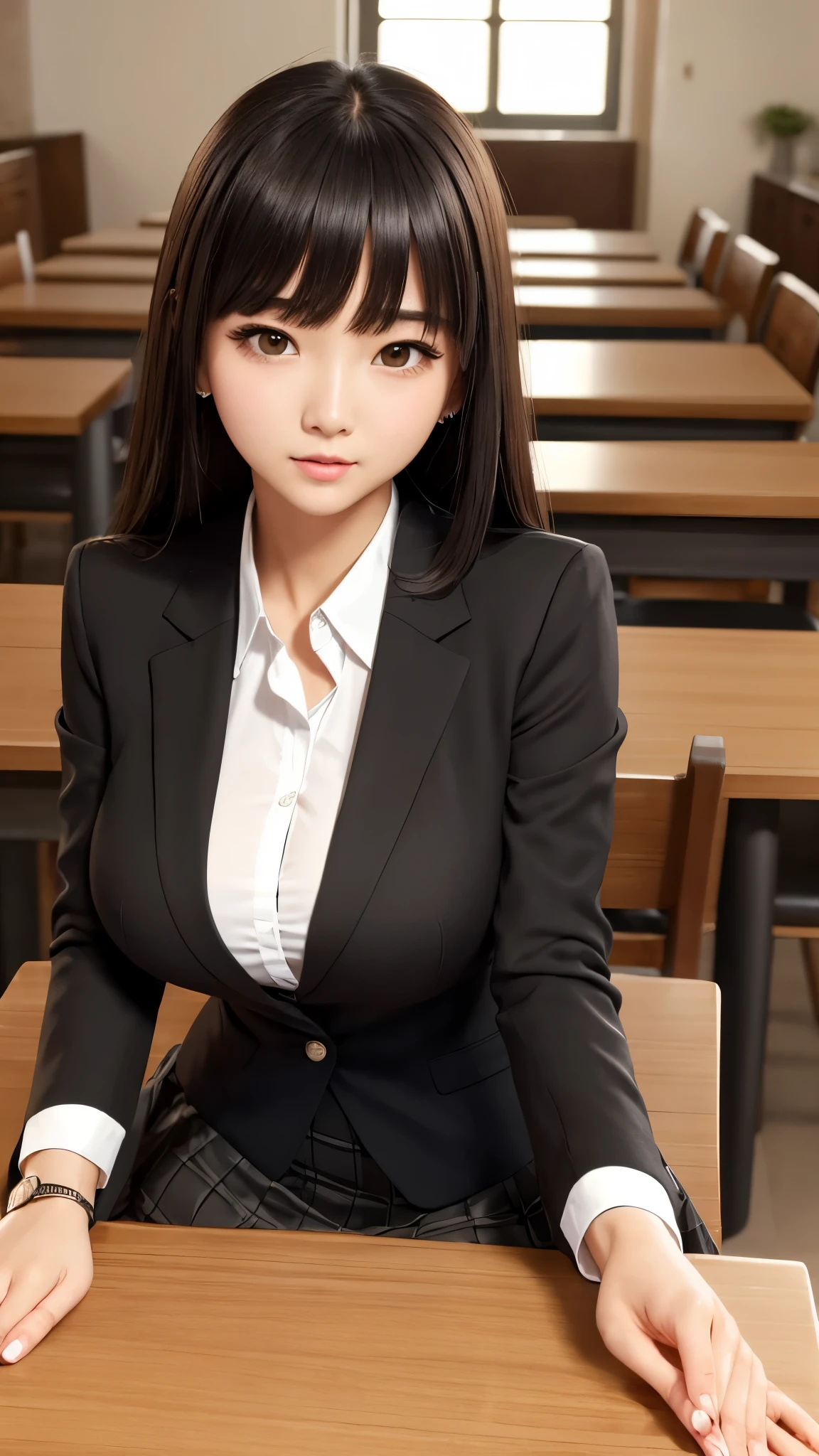 ((high quality)), ((table top)), (detailed face), (highlight), female、Big breasts、blunt bangs、black hair、skirt、blazer