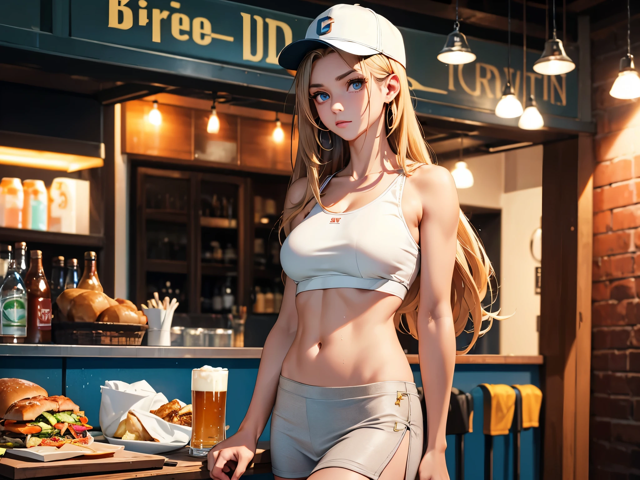 woman, ((Masterpiece, best quality)), full body view, bursting huge breasts, detailed skin, Anna from Frozen as a hooters girl, hooters tight clothers white and orange, shorts, tight short top, highly detailed, cinematic lighting, ultra realistic, blush, looking at viewer, anna, anna from movie Frozen, huge breasts