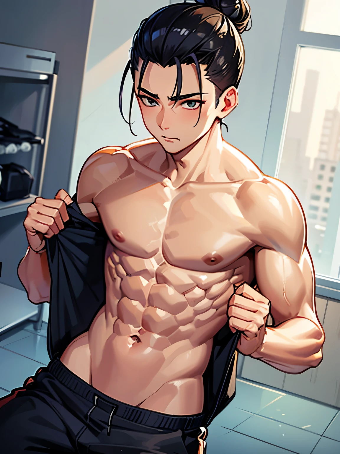 14 years old cute Asian boy, eight-pack abs teen, bodybuilder body, SINGLE bun hair slicked back, oiling body