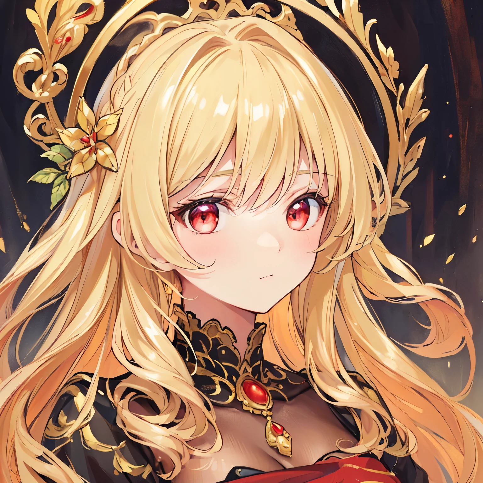(best quality,ultra-detailed,oil painting:1.2),detailed face,elegant pose,beautifully intricate details on the dress,soft and gentle lighting,vibrant and rich colors,blond hair, red eyes