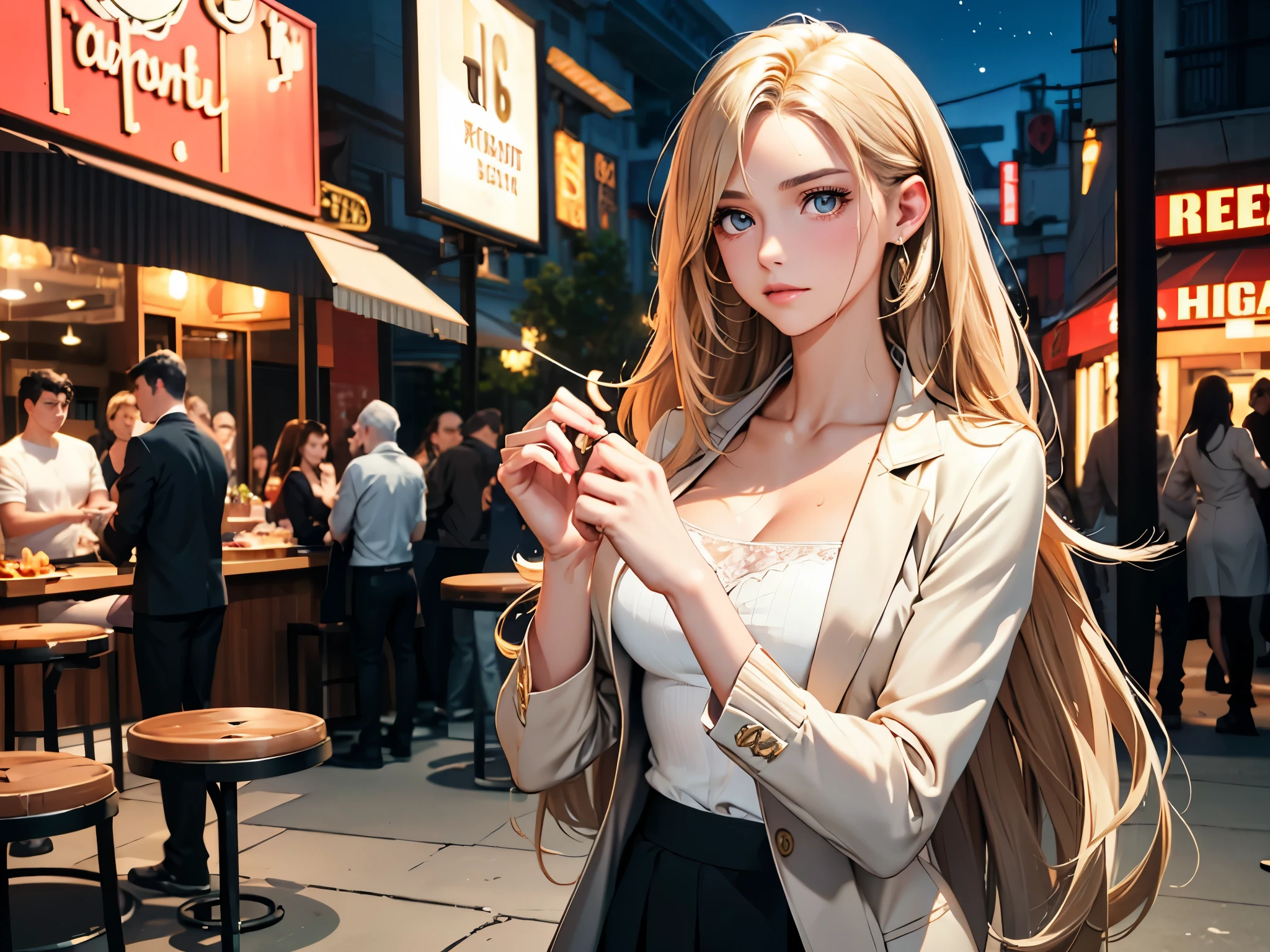 (((UHD, retina, best quality, super detail, highres, 16k))), (((anatomically correct))), Cowboy shooting, SFW, ((a woman)), on the table, Wearing light colors, ((Sexy bandeau, sports coat, Sporty skirts)), alone, mature women, blond, Hair bottom red, (Extra long straight hair:1.4), Straight hair, Curly ends, lake green eyes, Bright Eyes, Upper eyes, Long eyelashes, short eyebrows, Beautiful and delicate eyes, Ultra-detailed eyes, Highly realistic eyes, Perfect face, Super detailed facial details, Random expressions, Sweat, medium large breasts, Beautiful collarbone, healthy skin, Textured skin, toned body, (muscle:1.2), (((anatomically correct))), earrings, make up, perfect hands, (Delicate fingers), Beautiful long legs, perfect feet, Stylish sneakers, whole body, movie lighting, Barbecue restaurant in the background, night, beer, Online barbecue, Baked potatoes, hamburger, 