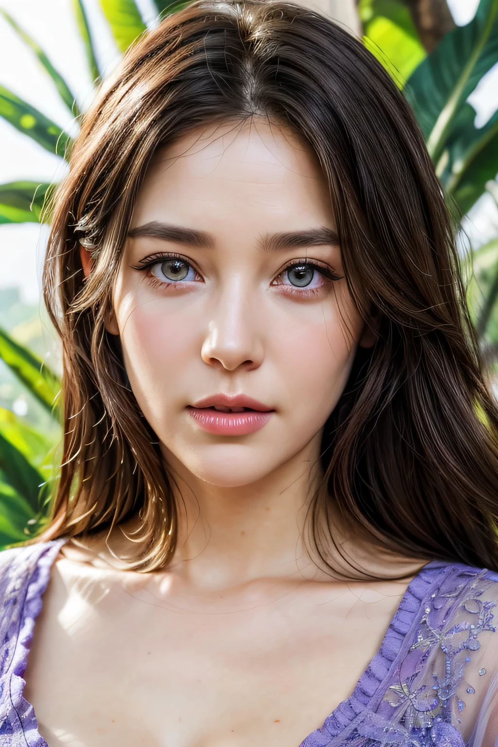A close-up of a beautiful, STUNNING brunette woman with cascading dark highlights, pastel in a lush forest glade, her green eyes sparkling with joy at the forest