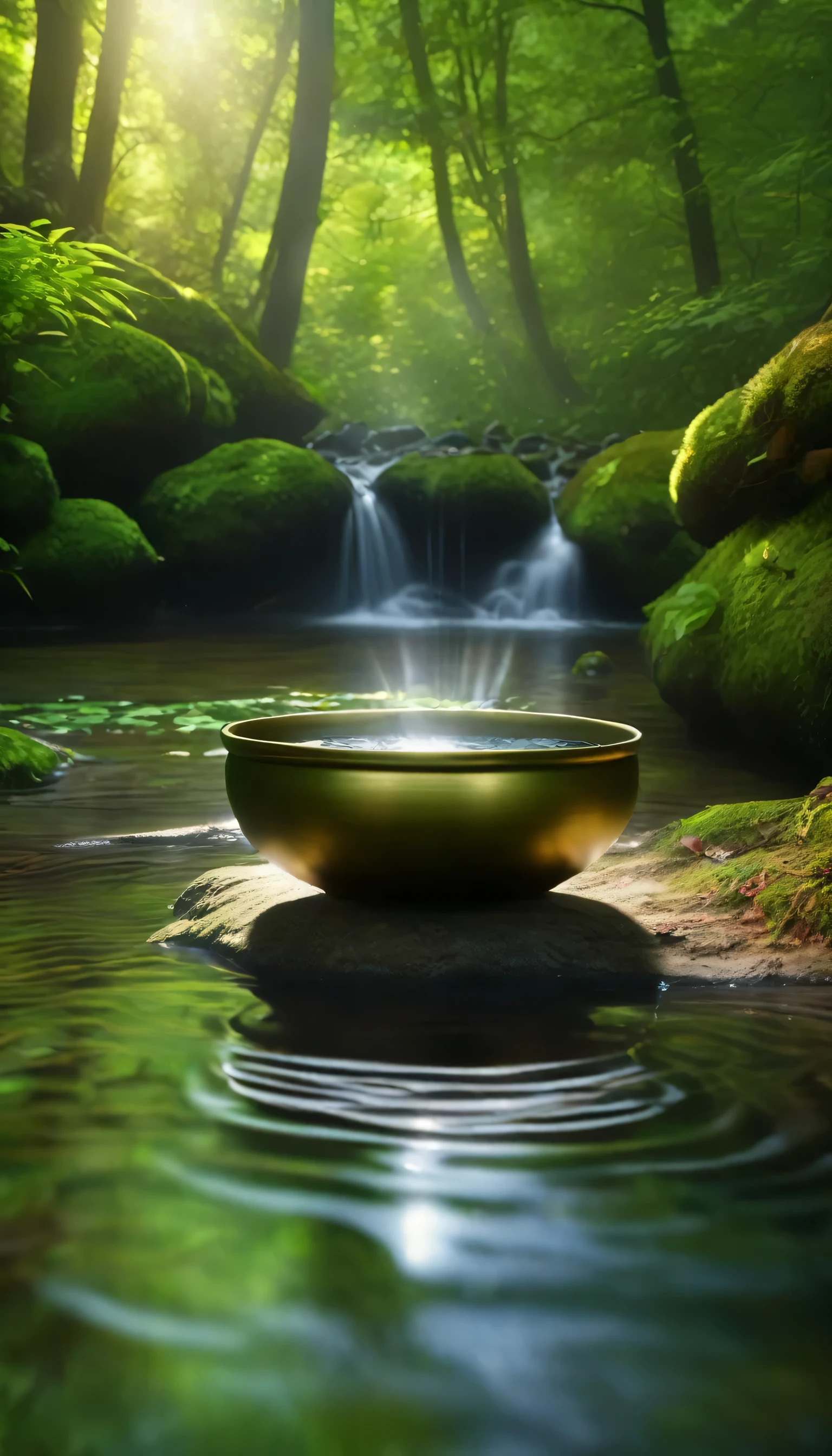 A dark metal smooth-sided singing bowl on the water in a forest river, ripples on the water，Take intimate photos with dappled light , (masterpiece), (best quality),(high dynamic range), Very very detailed, surrounded by dark forest, running water，mist, Immortal light, bright colors, Chromatic aberration abuse, quiet and deep, peaceful atmosphere, ethereal, mystery, breeze, Holy lighting, quiet atmosphere, depth of field,, prime time, super wide angle, surrounded by dark forest, running water，nirvana. (best quality,4K,8K,,main part:1.2), Super detailed, (actual,lifelike,photorealistic:1.37), quiet and deep, peaceful atmosphere, ethereal, mystery, breeze, Holy lighting, quiet atmosphere, petals floating in the air, Halo Durada, Vibrant green leaves, majestic trees, The Hidden Path to Enlightenment, Hazy light shines through the trees, Soft and delicate green shades, color palette, diffuse sunlight, subtle shading, soft reflection in water, stillness and silence, ancient wisdom, feeling of eternity.