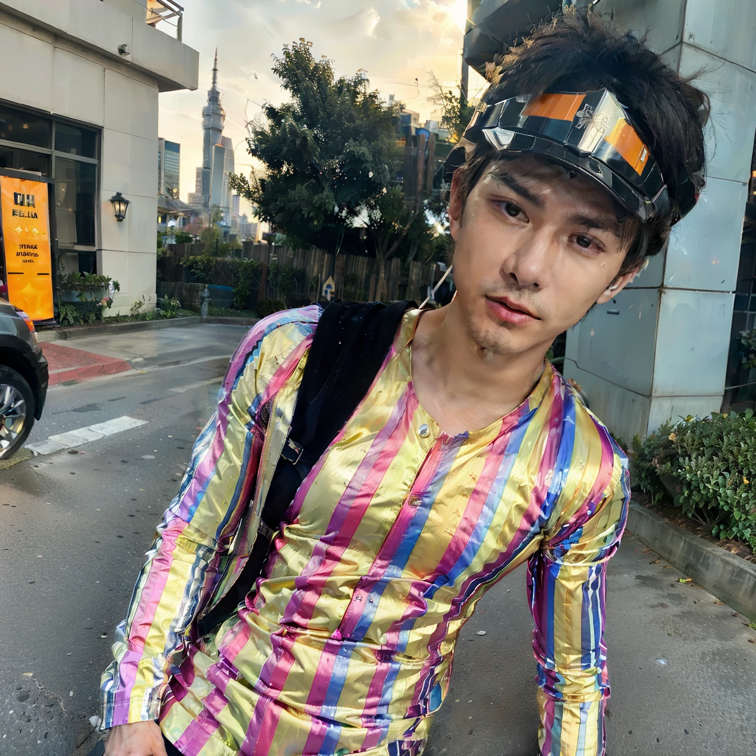 Picture of man,Ancient American-japanese teenage man,ry face, skinny thin body, short body white skin body,raise hands to greeting people,long bun hairstyle ,Wearing a crown,gold belt and many gold bracelets, blue thong underwear,leather shoes,standing naked body in the city market.