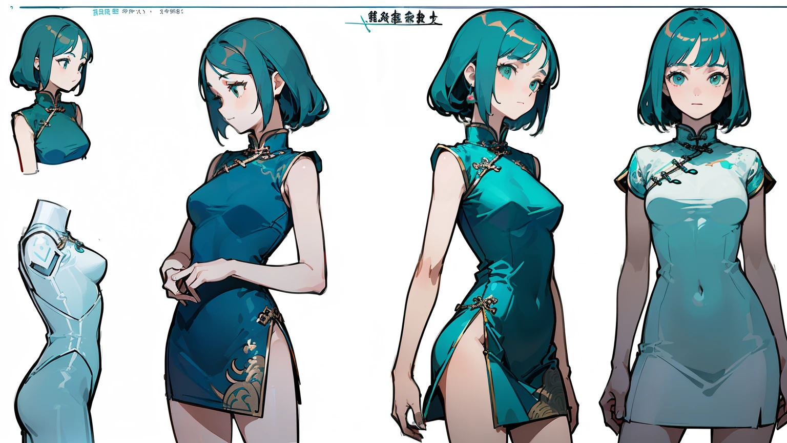 ((highest quality)), ((masterpiece)), ((realistic)) 19 years old, redhead girl, shoulder length hair, relaxed and happy face ((thin)) (Big breasts), ((( Chinese dress turquoise blue short dress))) (((mini skirt))) ((sexy dress)) Odango hairstyle (((detailed character sheet, Front view, Side view, 3/4 view))) (((white background))) 6 and a half whole bodies