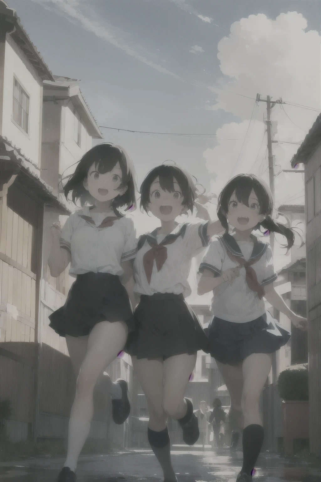 I want a nostalgic student image ,a japanese student atmosphere four friends running happily while a typical japanese school is seen in the background ,two girls run happily holding hands and two happy boys in Japanese uniforms accompanying them in a beautiful sky with clouds ,I want you to see their happy faces and the school behind them. I want it to be a nostalgic student atmosphere.,aclaro son dos chicas y dos chicos , quiero colores vividos ,