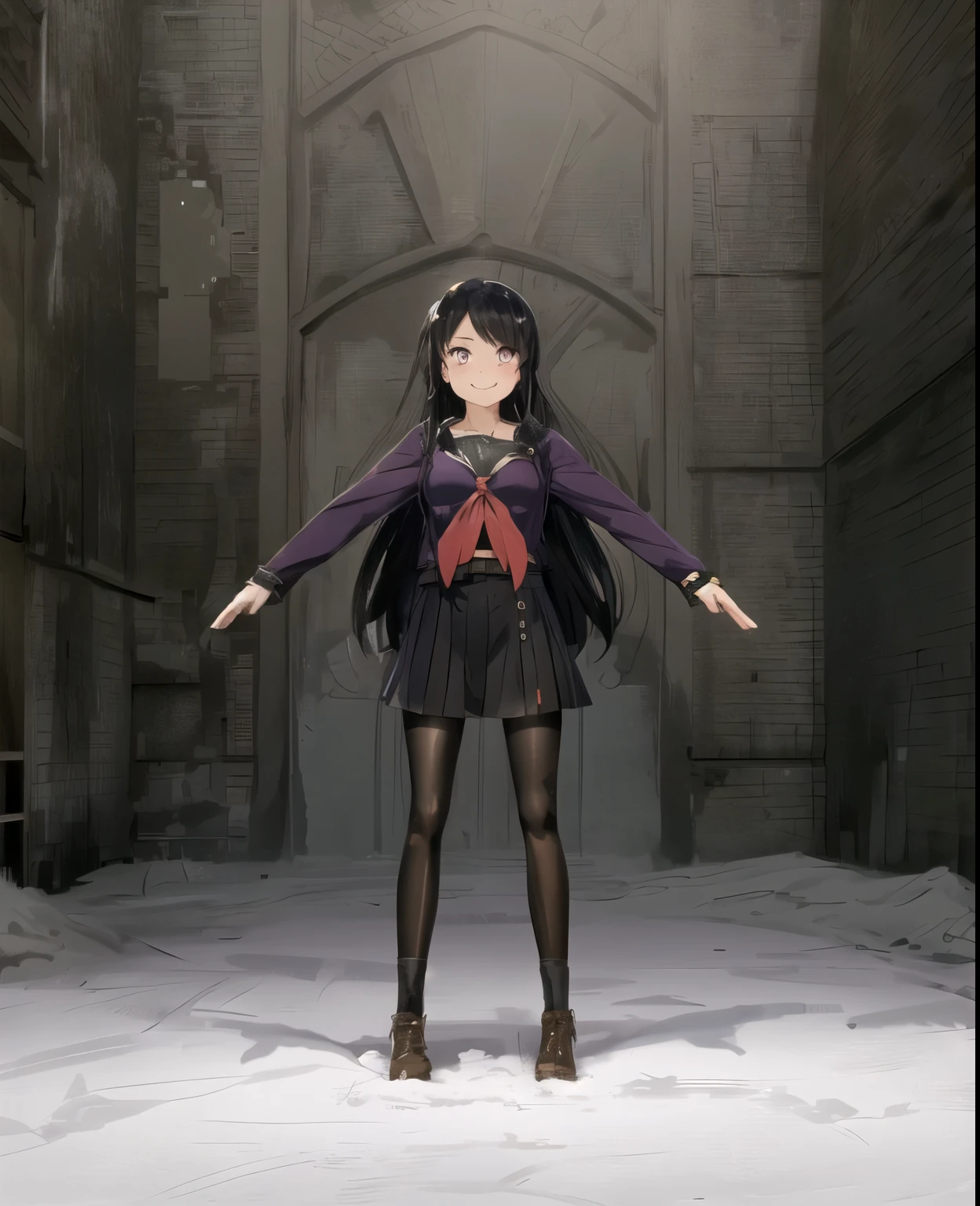 grin,, rakko yumiya, 1girl, solo, long hair, breasts, looking at viewer, smile, bangs, skirt, large breasts, shirt, black hair, long sleeves,  HDR,  black skirt, two side up, black pantyhose, brown footwear, purple eyes, long black hair