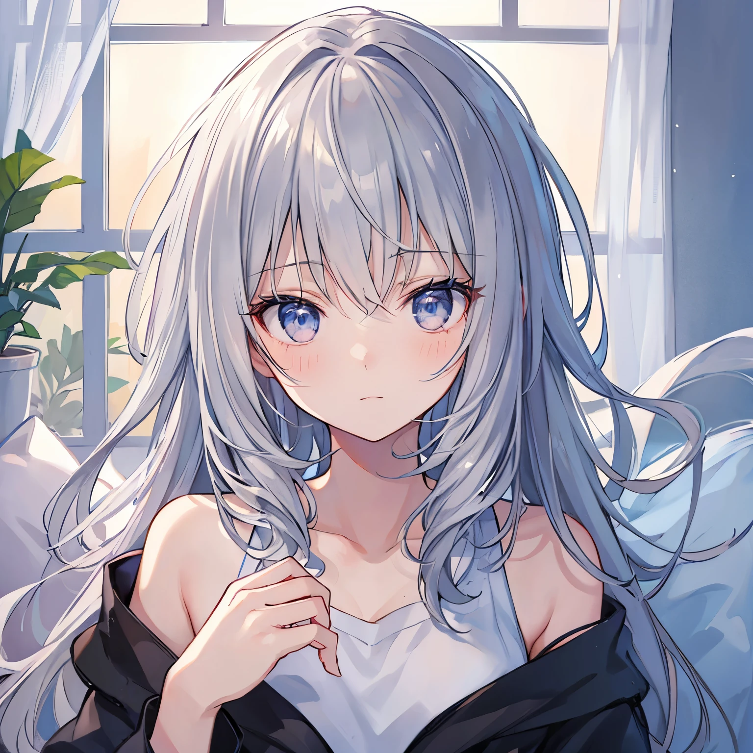 (best quality,4k,highres,masterpiece:1.2),gray hair,silver eyes,messy hair,off-the-shoulder,sweatshirt,medium,ultra-detailed,realistic:1.37,portrait,soft colors,warm lighting,aged appearance,grey color palette,vibrant eyes,freckles,long flowing strands,wise expression,mysterious aura,storytelling atmosphere,detail-rich painting.