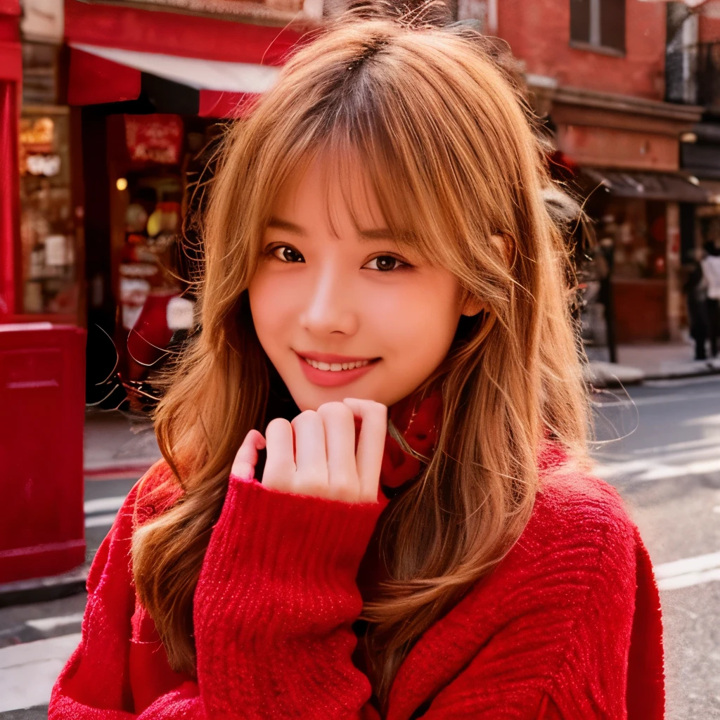 best image quality、red sweater、cute、smile、blonde、Hands over your mouth、