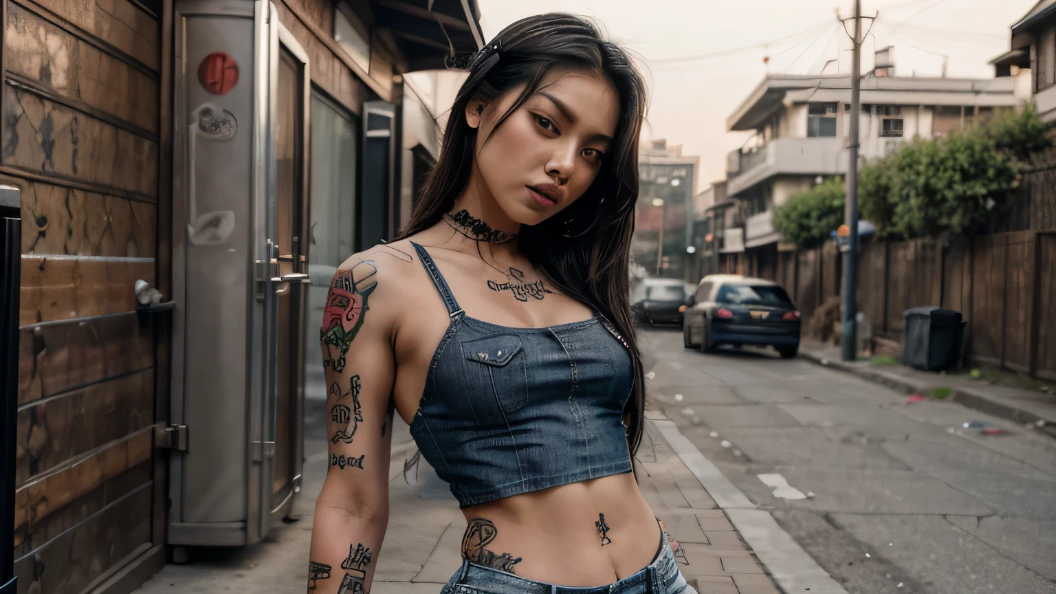 Sluty, gangster, bad girl, body tattoed, smoking, asian girl, using croptop and cargo jeans, outdoor background, masterpiece, best quality