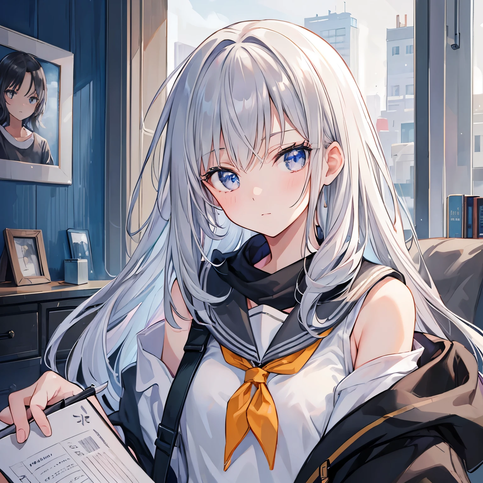 (best quality,4k,highres,masterpiece:1.2),gray hair,silver eyes,messy hair,off-the-shoulder,sweatshirt,medium,ultra-detailed,realistic:1.37,portrait,soft colors,warm lighting,aged appearance,grey color palette,vibrant eyes,freckles,long flowing strands, neckerchief ,wise expression,mysterious aura,storytelling atmosphere,detail-rich painting.
