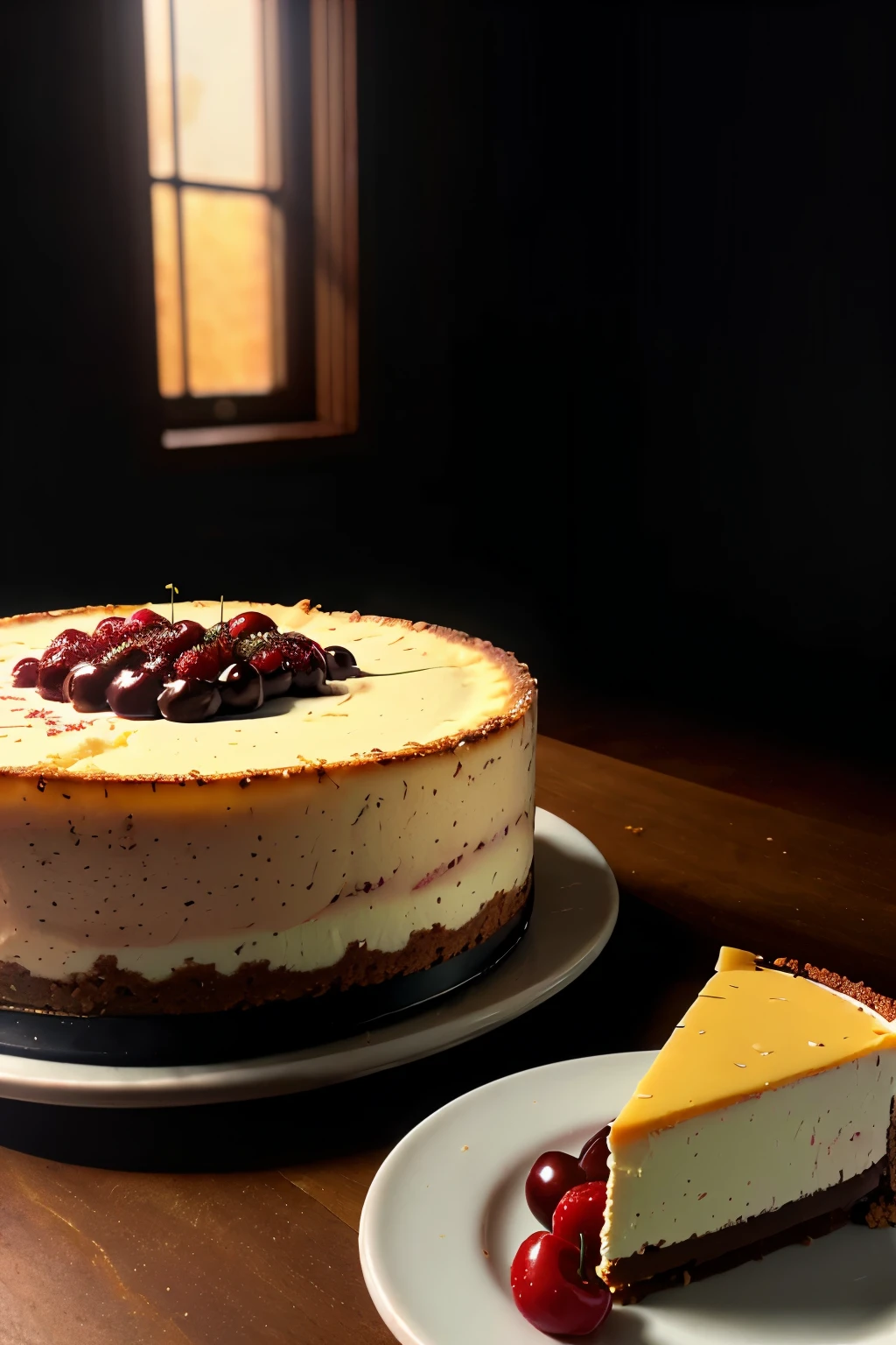 Photorealistic Appetizing slice of cherry cheesecake with chocolate, delicious, fragrant, close-up, highly detailed, intricate detail, raw photo, lifelike rendering, immersive atmosphere, chiaroscuro, moody lighting, jortega ((covered in cheese cake))