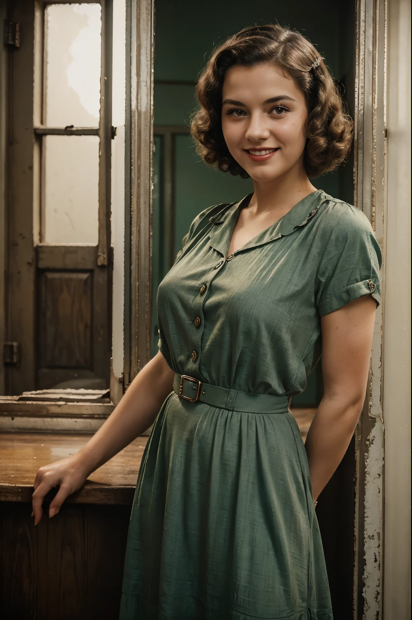 1930s Fashion, professional photo of 40yo woman in (simple) light green and white detailed floral dress with collar, brown leather bookbag, detailed buttons, 4k, 8k, high quality, perfect lighting, detailed face and detailed eyes, skin detail,  solo focus, photography raw, (bar), perfect lighting,  clean smooth skin, looking at camera, detailed eyes, pretty face, full body standing, photoshoot, <lora:1930sFashion2-000002:0.5>