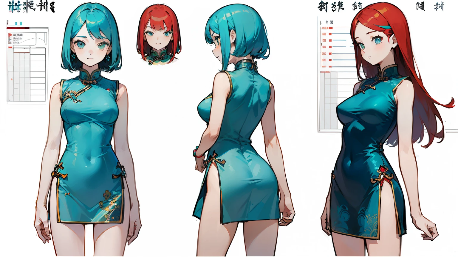 ((highest quality)), ((masterpiece)), ((realistic)) 19 years old, redhead girl, shoulder length hair, relaxed and happy face ((thin)) (Big breasts), ((( Chinese dress turquoise blue short dress))) (((mini skirt))) ((sexy dress)) Odango hairstyle (((detailed character sheet, Front view, Side view, 3/4 view))) (((white background))) 6 and a half whole bodies