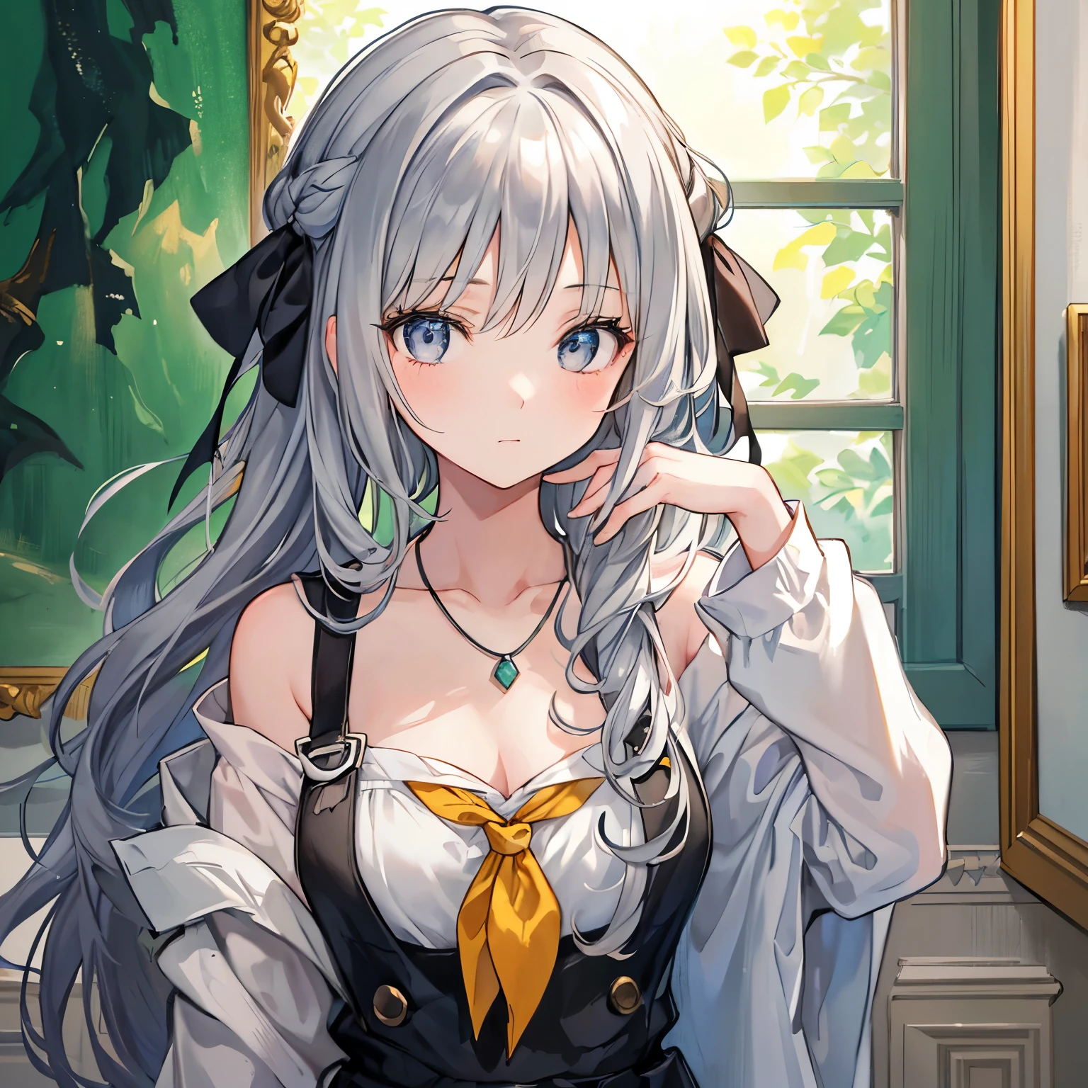 A girl with gray hair and silver eyes is depicted in the painting. Her hair is messy and falls over her shoulders. She is wearing an off-the-shoulder sweatshirt. The medium used for the artwork is ideal for creating ultra-detailed and realistic portraits. The image is of the best quality, with a resolution of 4k or higher, making it a masterpiece. The painting has a soft color palette, with warm lighting that adds to the aged appearance. The overall color scheme is dominated by shades of gray. The girl's eyes are vibrant and captivating. She has freckles on her face and long flowing strands of hair. She wears a neckerchief, adding to her wise expression. The atmosphere of the painting is mysterious,She wears a necklace with a green rectangular stone, with a storytelling aura. The artwork is rich in details, resembling a detailed painting.