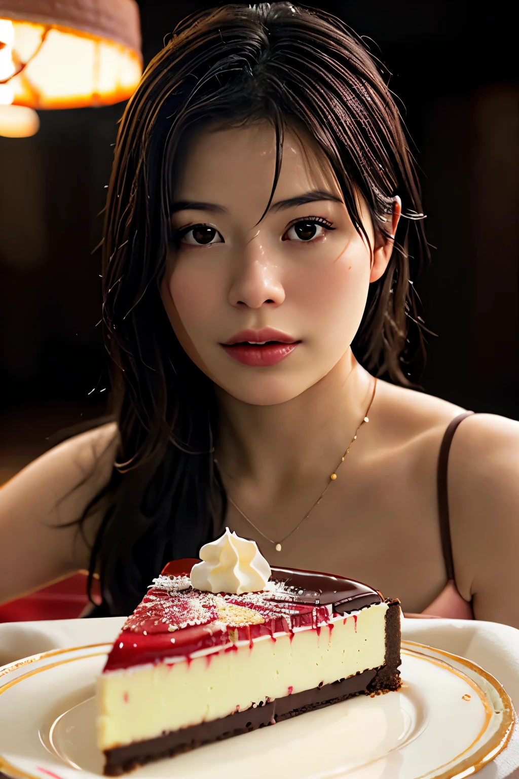 Photorealistic Appetizing slice of cherry cheesecake with chocolate, delicious, fragrant, close-up, highly detailed, intricate detail, raw photo, lifelike rendering, immersive atmosphere, chiaroscuro, moody lighting, miranda cosgrove ((covered in cheese cake))