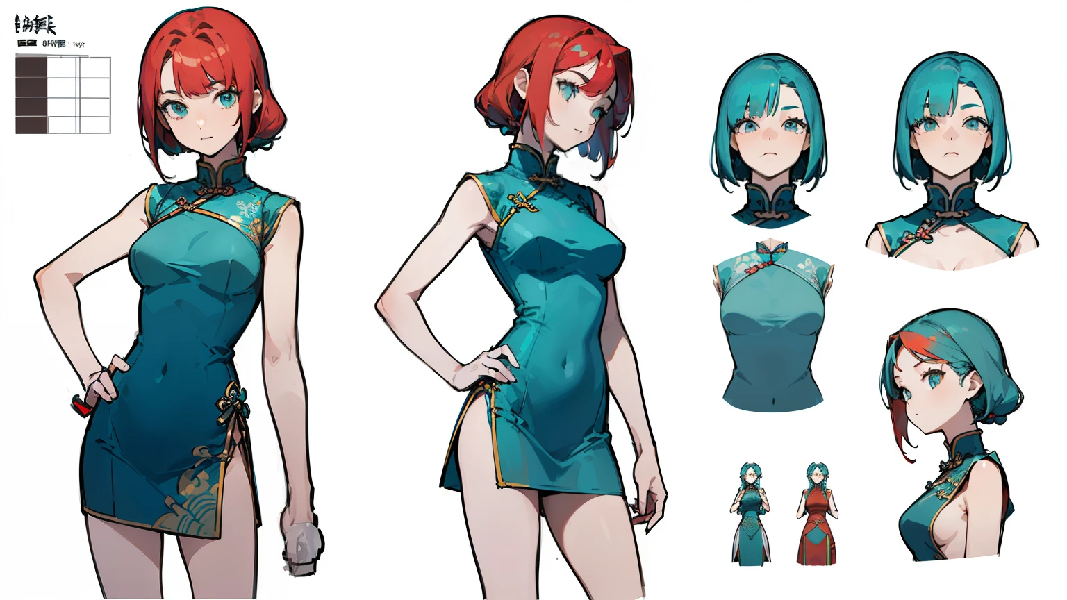 ((highest quality)), ((masterpiece)), ((realistic)) 19 years old, redhead girl, shoulder length hair, relaxed and happy face ((thin)) (Big breasts), ((( Chinese dress turquoise blue short dress))) (((mini skirt))) ((sexy dress)) Odango hairstyle (((detailed character sheet, Front view, Side view, 3/4 view))) (((white background))) 6 and a half whole bodies