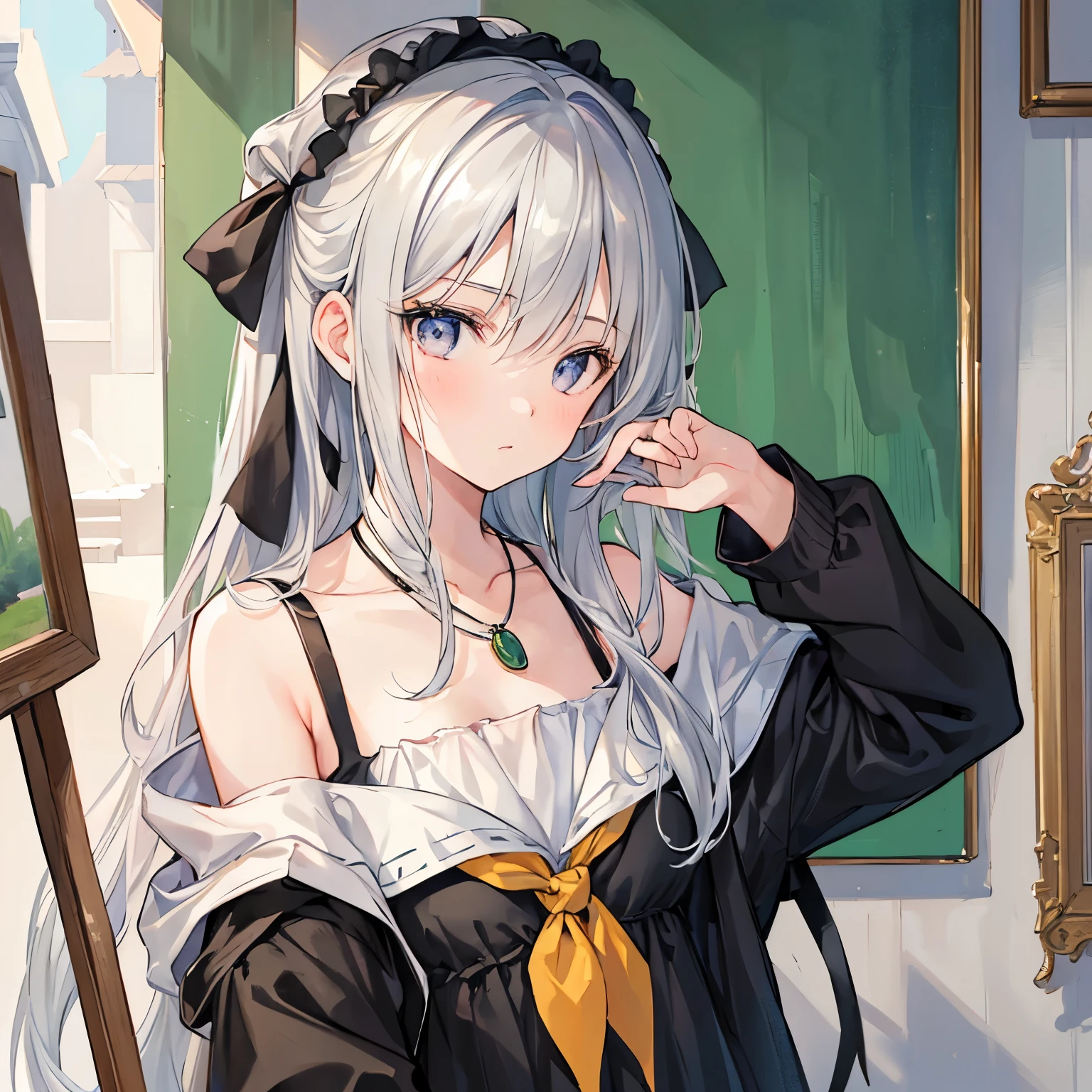 A girl with gray hair and silver eyes is depicted in the painting. Her hair is messy and falls over her shoulders. She is wearing an off-the-shoulder sweatshirt. The medium used for the artwork is ideal for creating ultra-detailed and realistic portraits. The image is of the best quality, with a resolution of 4k or higher, making it a masterpiece. The painting has a soft color palette, with warm lighting that adds to the aged appearance. The overall color scheme is dominated by shades of gray. The girl's eyes are vibrant and captivating. She has freckles on her face and long flowing strands of hair. She wears a neckerchief, adding to her wise expression. The atmosphere of the painting is mysterious,She wears a necklace with a green rectangular stone, with a storytelling aura. The artwork is rich in details, resembling a detailed painting.