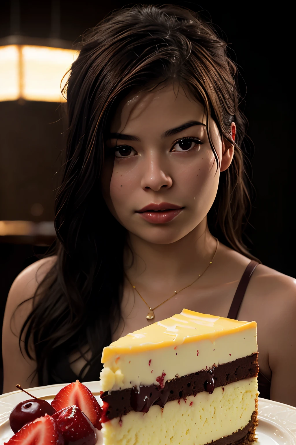 Photorealistic Appetizing slice of cherry cheesecake with chocolate, delicious, fragrant, close-up, highly detailed, intricate detail, raw photo, lifelike rendering, immersive atmosphere, chiaroscuro, moody lighting, miranda cosgrove ((covered in cheese cake))