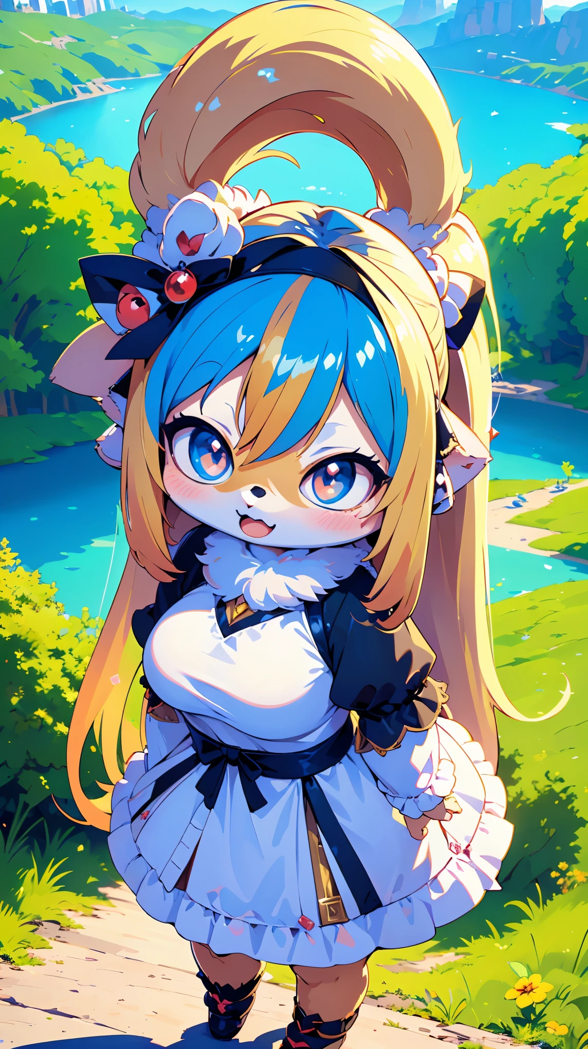 furry,((chibi:2.5)),(White dress with frills:1.5),((very large bust size:1.5)),(fluffy tail:1.5),(Skirt unfolds:1.5),(pop art:1.8),(Chubby:1.5),((looking at the camera:1.5)),(furry foot:1.5),(Sparkling deep blue big eyes:1.7),(Round eyebrows:1.5),(Fisheye lens:1.5),(open your mouth and laugh:1.5),((on a hill overlooking the lake:1.5)),(wolf tail),((long hair:1.7)),(white long dress:1.5),steampunk,furry,(a large black ribbon on the head,:1.5),(luxury medieval fantasy costume:1.5),(highest quality,4k,8K,High resolution,masterpiece:1.2), Super detailed, (realistic,realistic,realistic:1.37), HDR, UHD, studio lightning, ultra-fine goodinting, sharp focus, Physically based rendering, extrine detail description, Professional, Bright colors, Bokeh, (in) you bring, landscape, photograph, concept artist (Style), (with) vibrant color goodlette, (good) soft lighting. jewelry