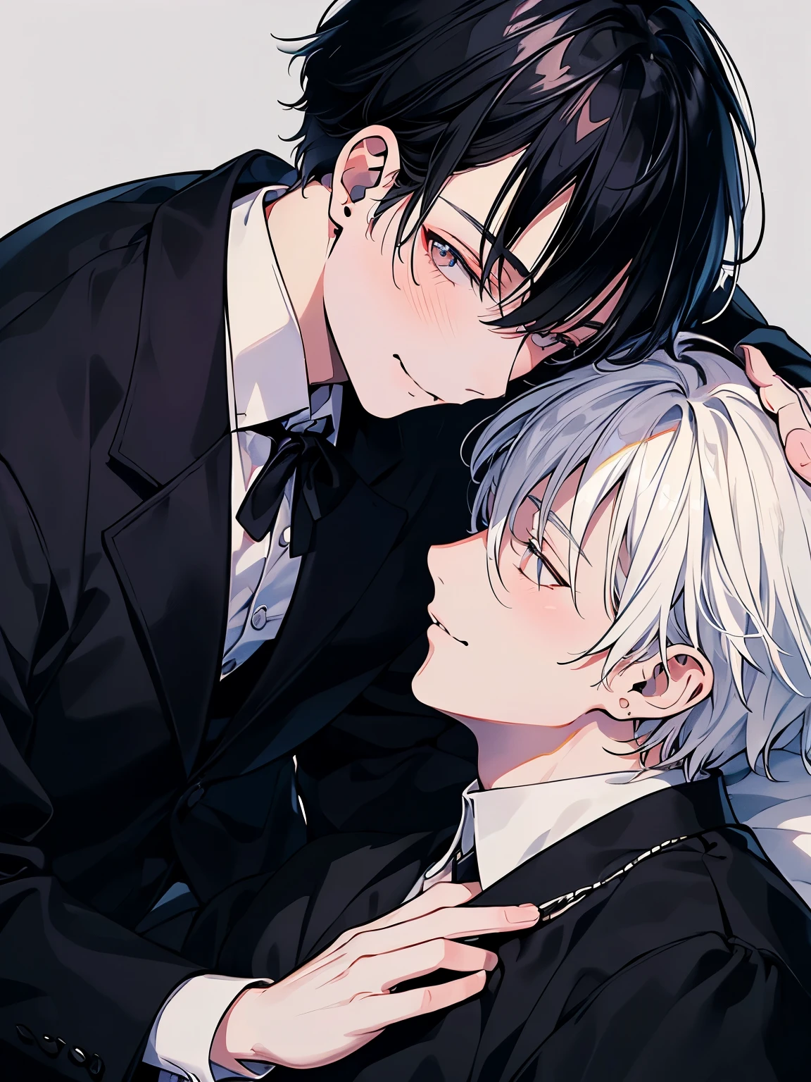 (muste piece), (best quality), very detailed, ((two men intimate)), perfect face, beautiful face, very detailed顔,(black haired man:1.3),(white haired man:1.3),suit,shirt,smile