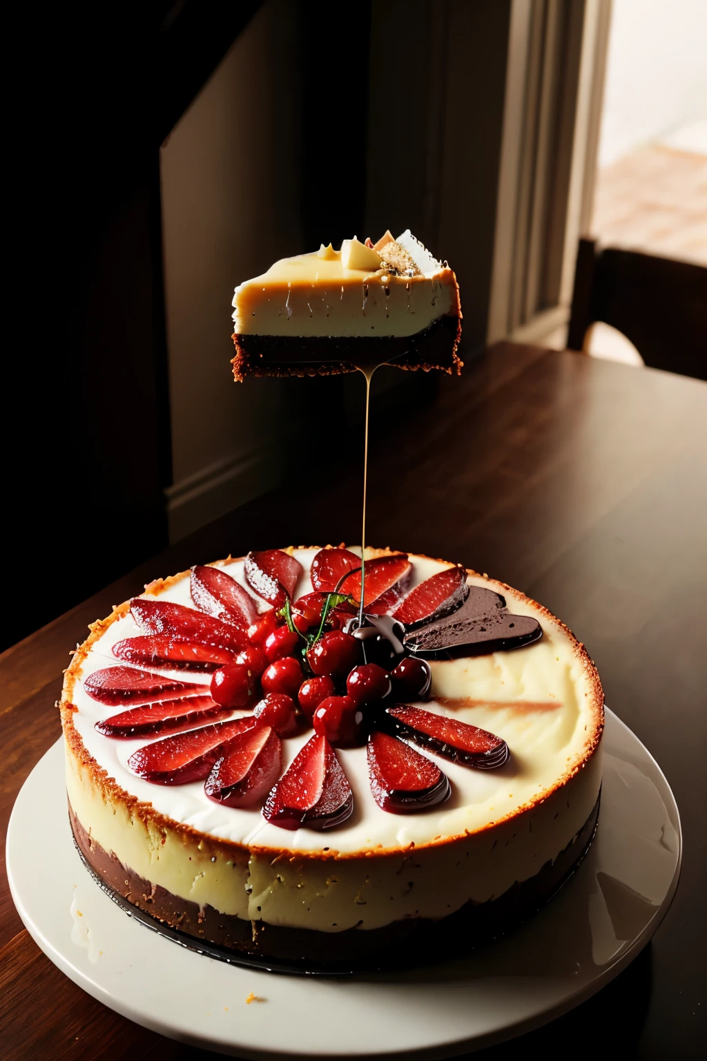 Photorealistic Appetizing slice of cherry cheesecake with chocolate, delicious, fragrant, close-up, highly detailed, intricate detail, raw photo, lifelike rendering, immersive atmosphere, chiaroscuro, moody lighting, jortega ((covered in cheese cake))