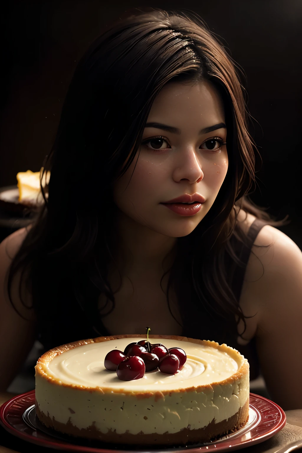 Photorealistic Appetizing slice of cherry cheesecake with chocolate, delicious, fragrant, close-up, highly detailed, intricate detail, raw photo, lifelike rendering, immersive atmosphere, chiaroscuro, moody lighting, miranda cosgrove ((covered in cheese cake))