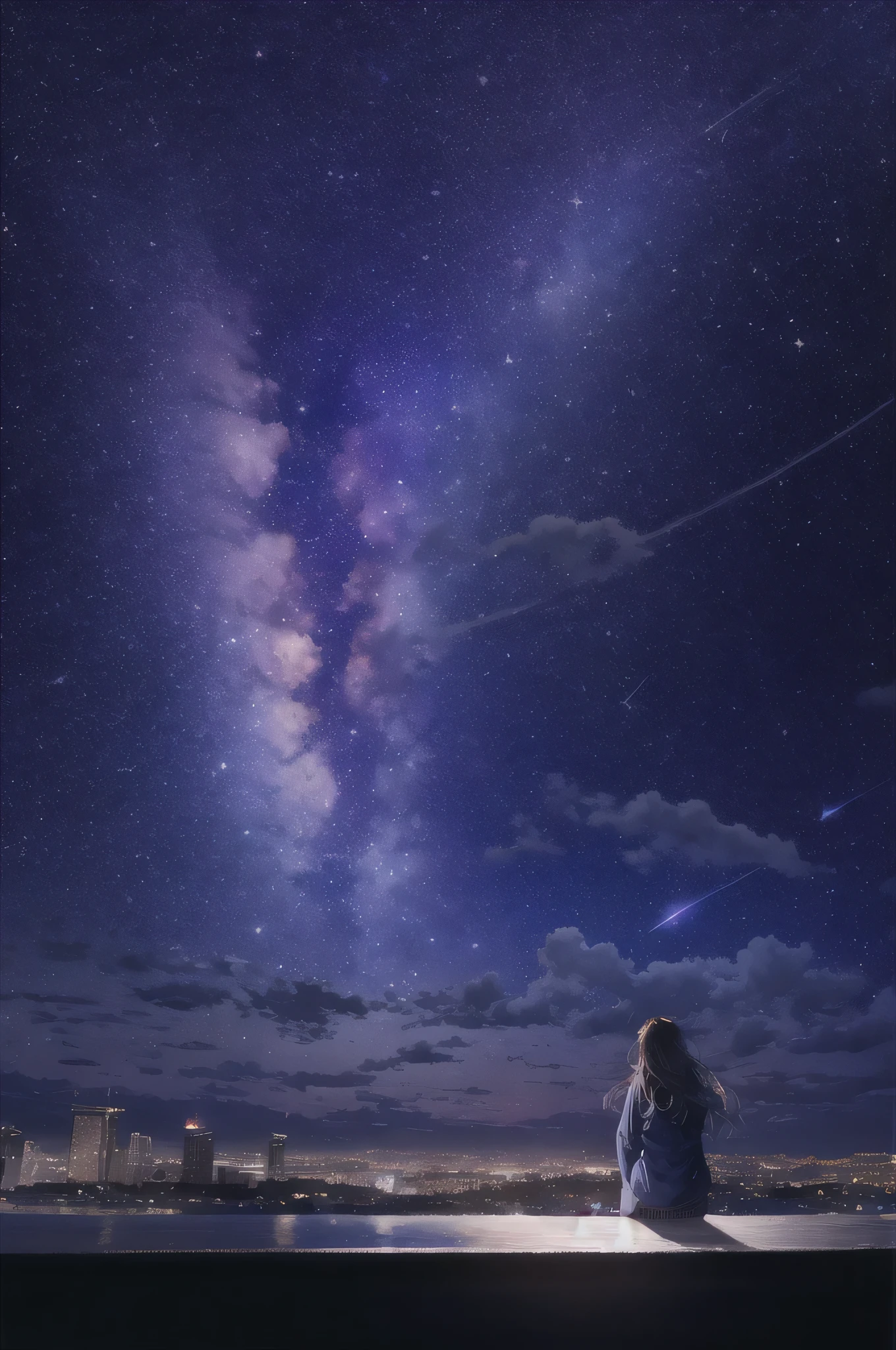octans, sky, star (sky), scenery, starry sky, night, 1girl, night sky, solo, outdoors, building, cloud, milky way, sitting, tree, long hair, city, silhouette, cityscape
