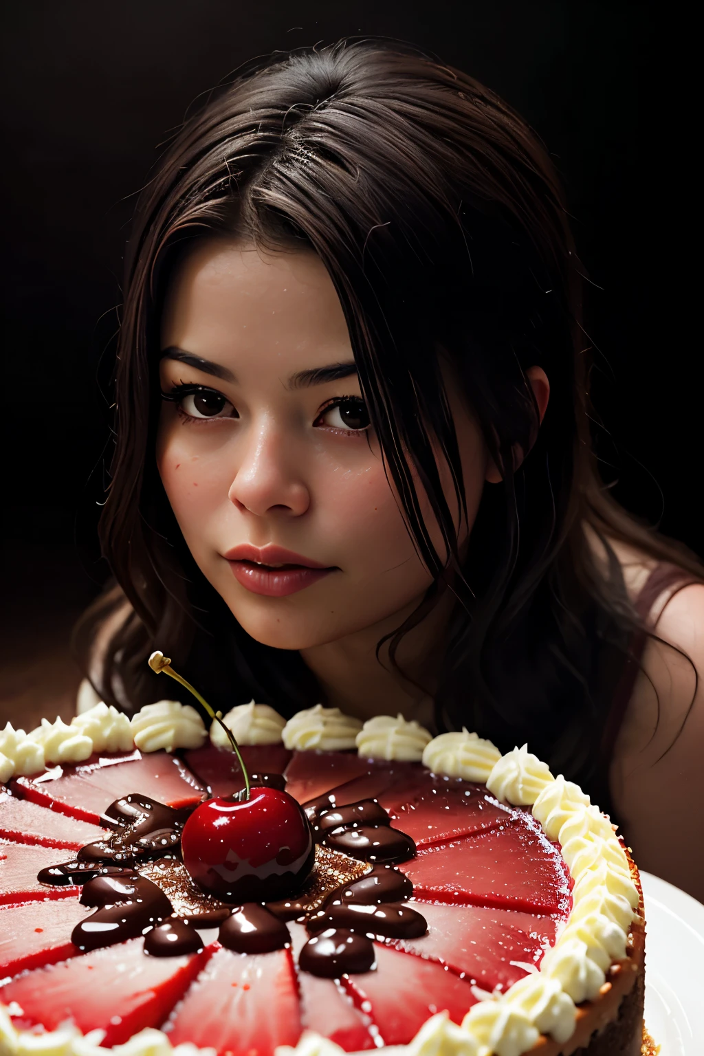 Photorealistic Appetizing slice of cherry cheesecake with chocolate, delicious, fragrant, close-up, highly detailed, intricate detail, raw photo, lifelike rendering, immersive atmosphere, chiaroscuro, moody lighting, miranda cosgrove ((covered in cheese cake))