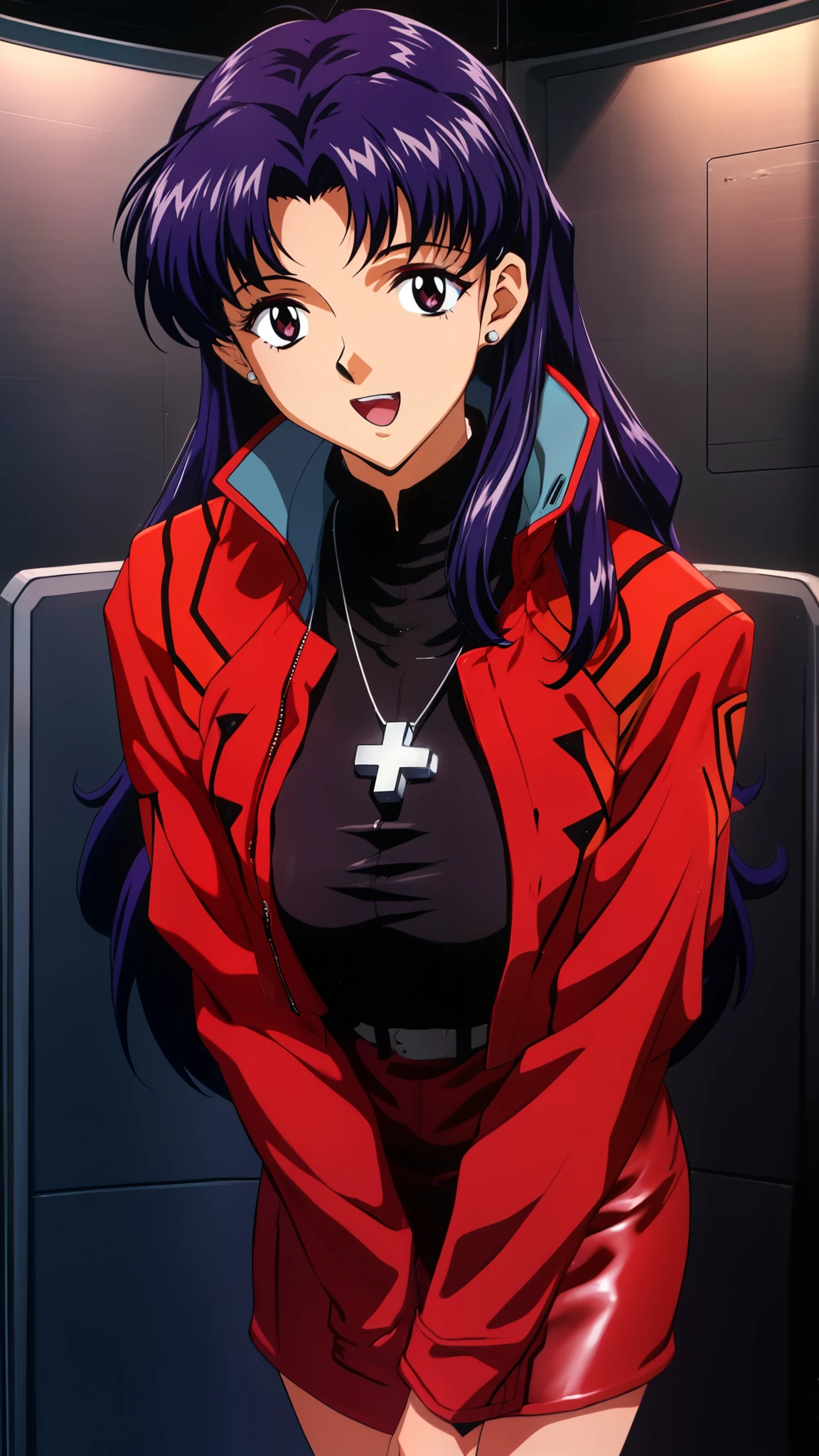 master piece, best quality, 8k, ultra high resolution, highest quality, anime style, best writing, beautiful face, masterpiece, highest quality,very_be familiar with_cg_unity_8K_wallpaper,very be familiar with_eye,,Evangelion: 3.0 can \(do not have\) Redo,1 girl, alone,  Katsuragi Castle_Misato, brown eye,indigo hair,big_chest, cross_necklace ,red jacket, Black leather skirt, mature woman,I&#39;m old,Upper body, Operation control room, base