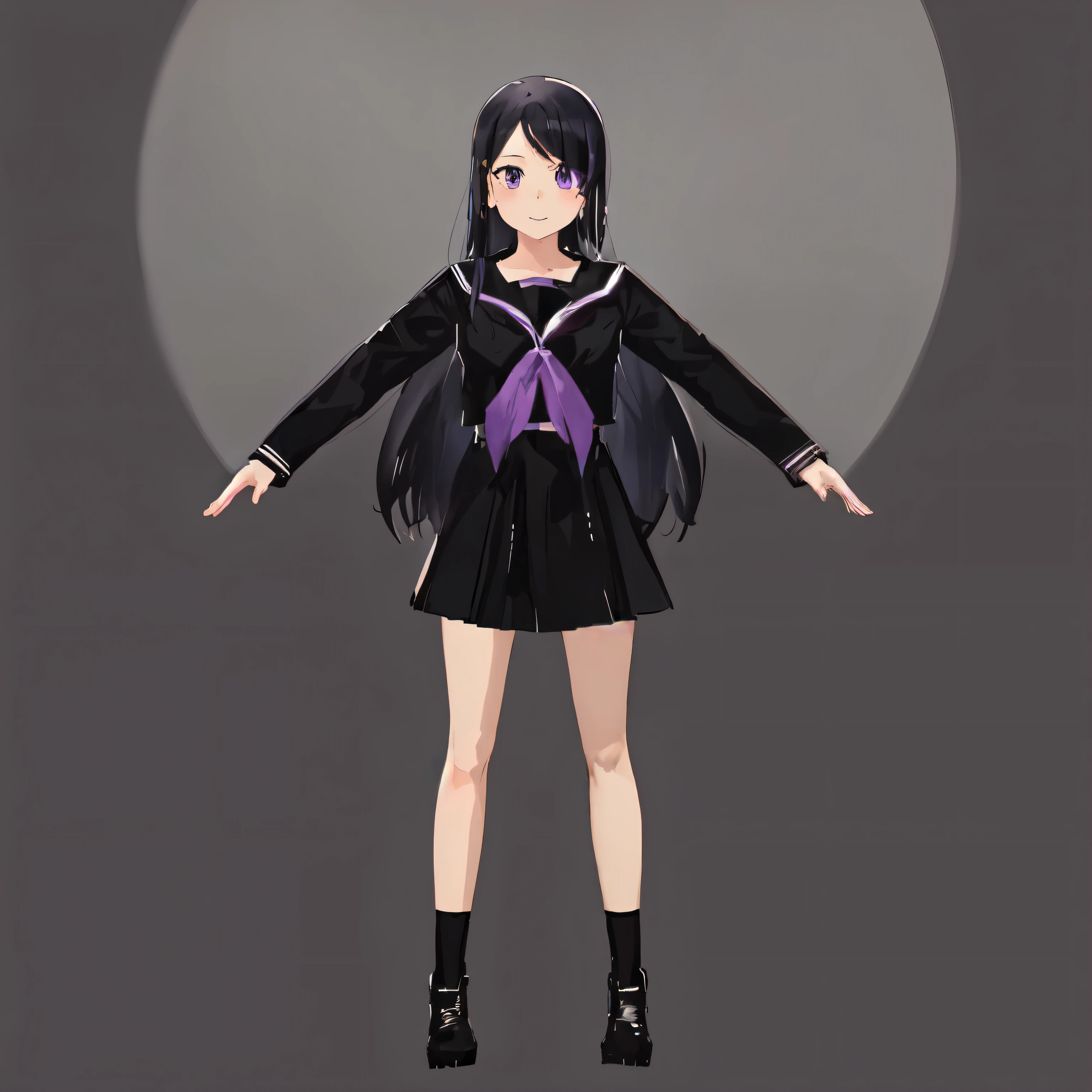anime style girl, purple eyes, black long hair, black uniform, black shoes, anime style, simple background, happy face