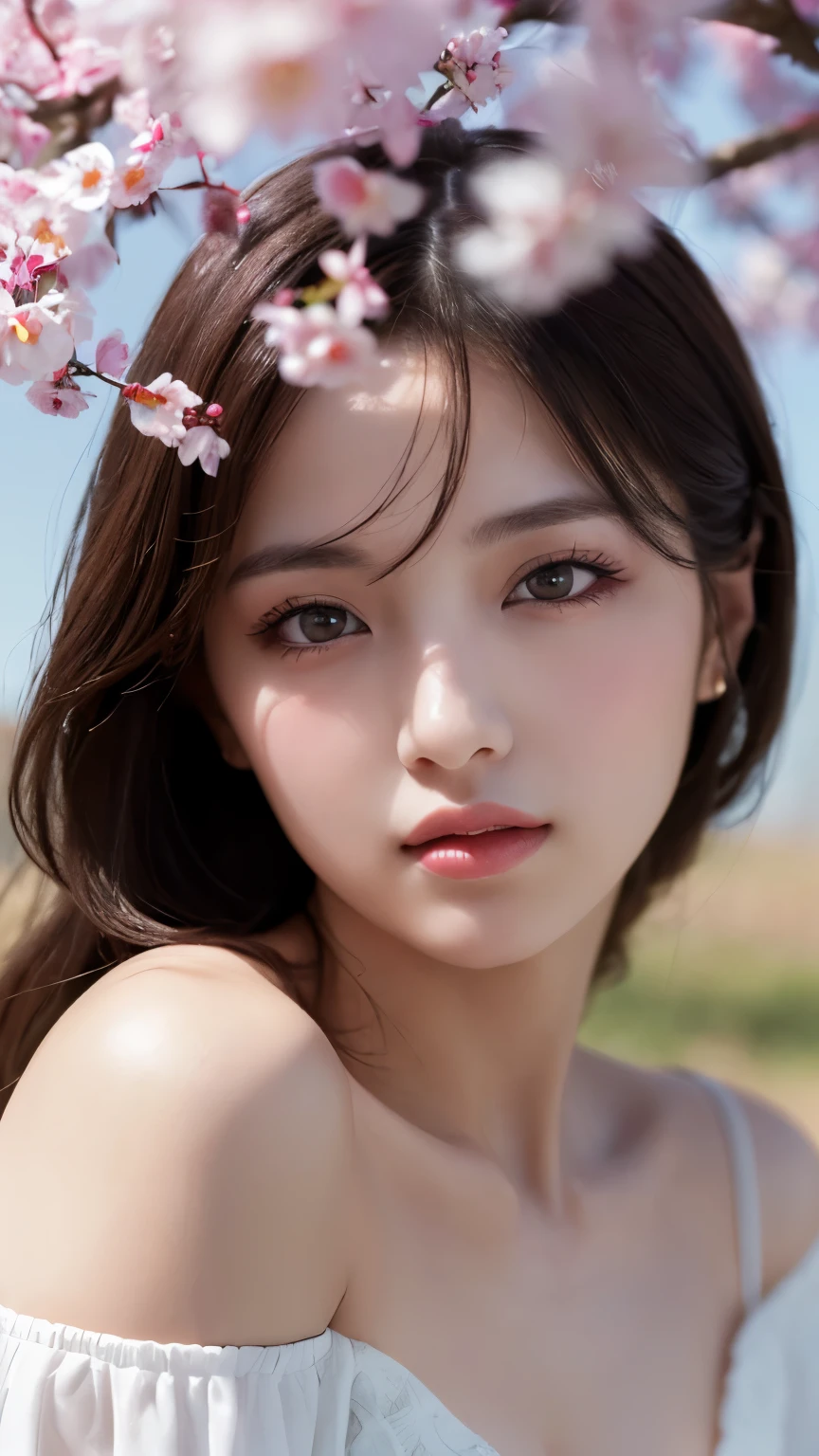 1 girl, (surreal), (highly detailed eyes, highly detailed hair, highly detailed face, Highly detailed plump lips), (off shoulder), chest, looking for a smile, (highest quality:1.4), Raw photo, (surreal), (realistic:1.4), professional photography, cinematic light, Depth of the bounds written, Cherry tree, clear sky,