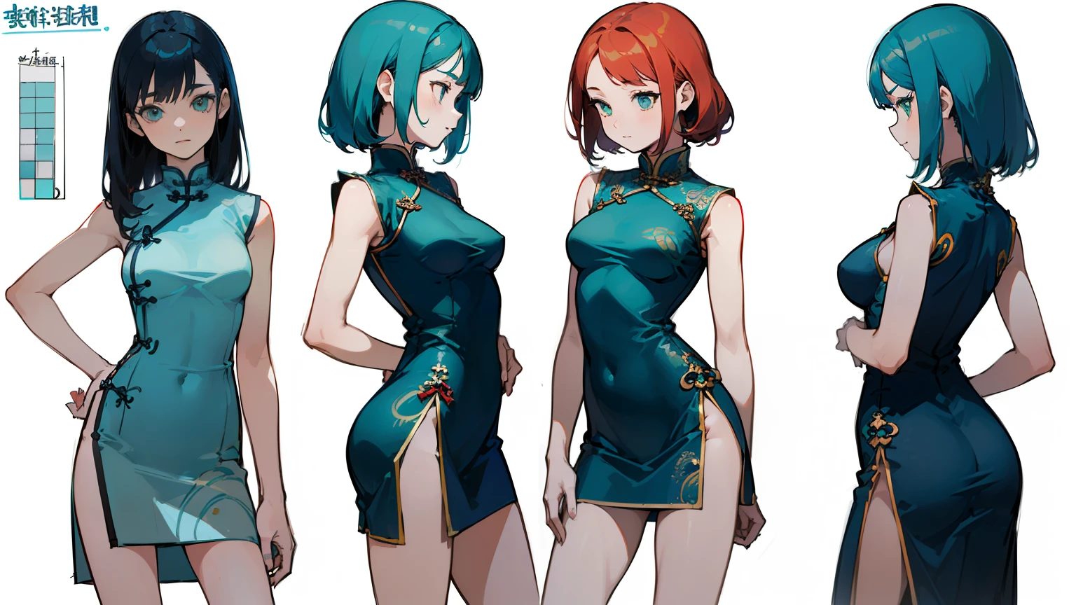 ((highest quality)), ((masterpiece)), ((realistic)) 19 years old, redhead girl, shoulder length hair, relaxed and happy face ((thin)) (Big breasts), ((( Chinese dress turquoise blue short dress))) (((mini skirt))) ((sexy dress)) Odango hairstyle (((detailed character sheet, Front view, Side view, 3/4 view))) (((white background))) 6 and a half whole bodies