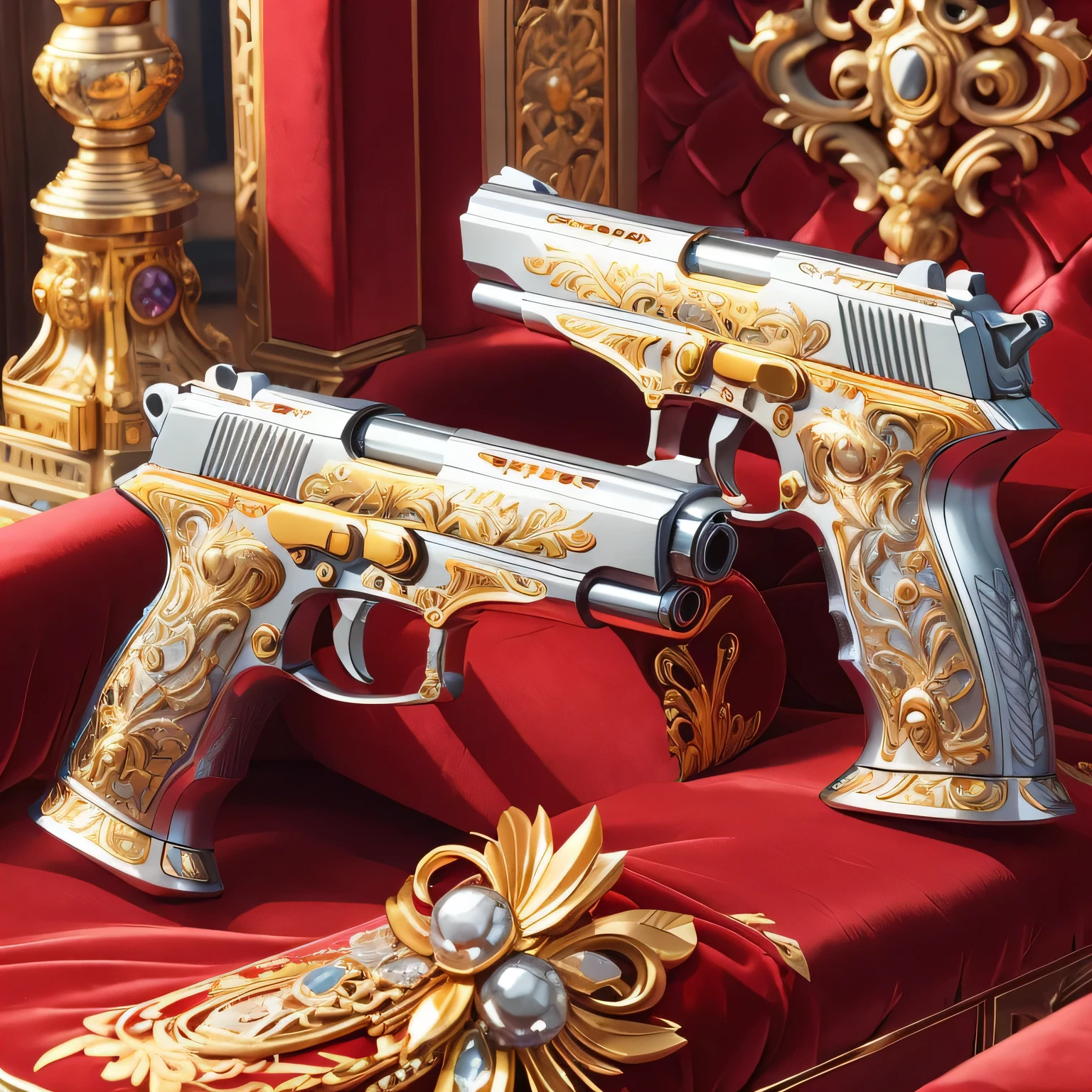 there are two weapons on a red chair with gold decoration, bela pistola surreal, Arte detalhada de alta qualidade 8k, pistolas, feche armas e rosas, com estilo de detalhes ultra-altos, altamente detalhado, revolvers, inspirado em Walther Jervolino, revolvers grandes empunhando dois, super detalhado, ultra altamente detalhado, arte altamente detalhada, Victor Denis