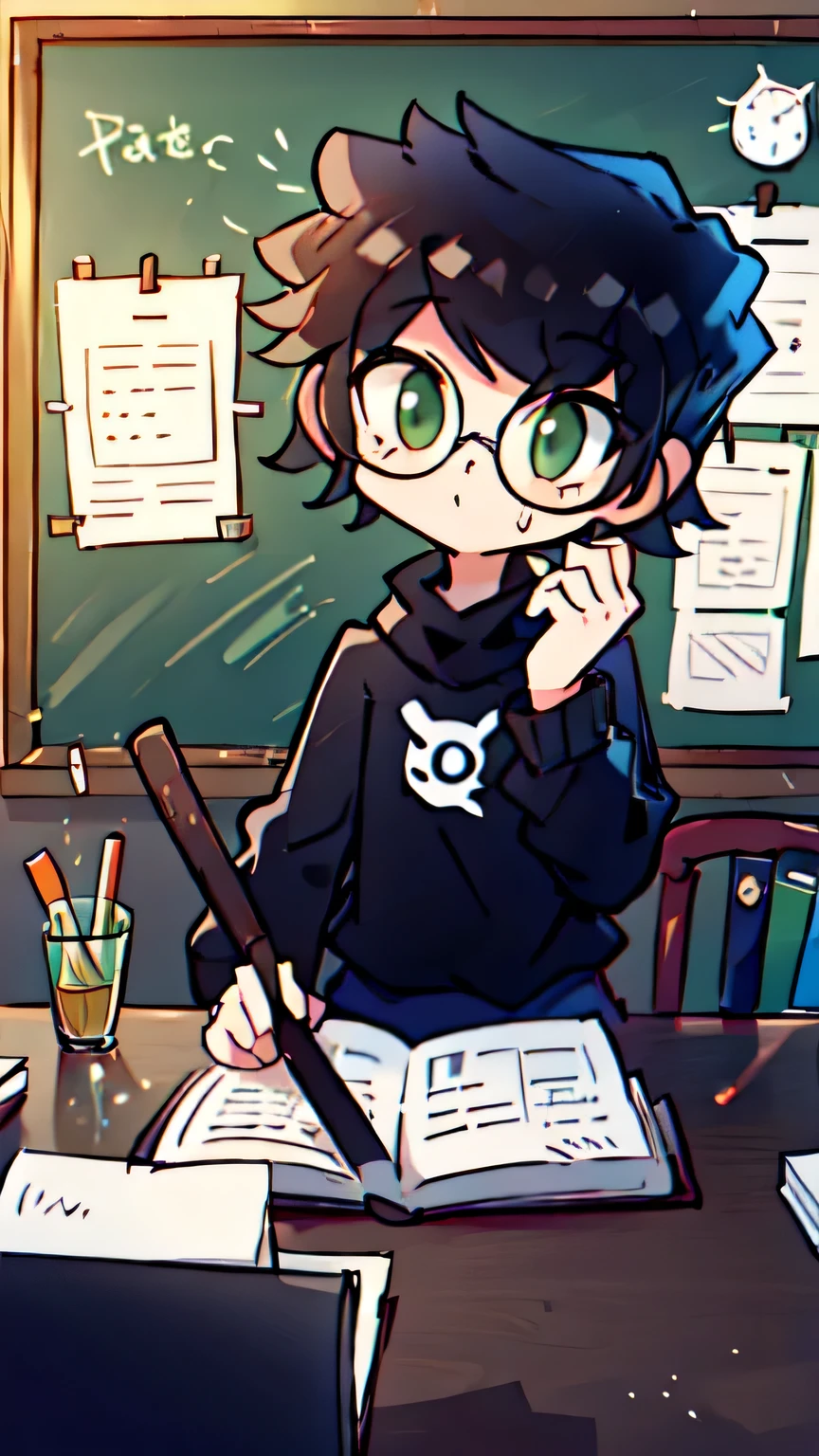 
teaching , wearing academic cap ,academic cap , board , holding a stick , boy , green eyes , black shirt , black hair , teacher , wearng glasses , glasses , green board in background , board class , 