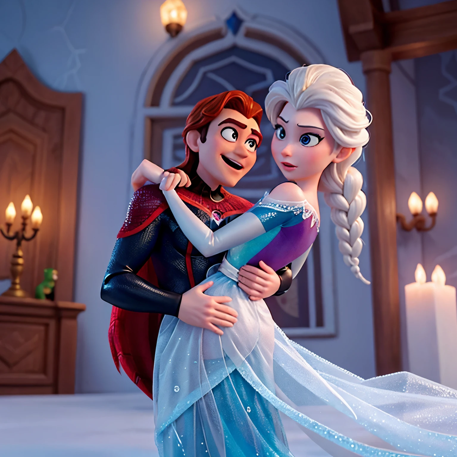 Crie uma imagem do homem aranha beijando a Elsa do filme frozen