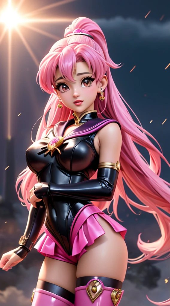 Ariana Grande designed with a high level of detail and a glossy, almost hyper realistic quality, typical of fantasy art of Mortal Kombat. Ariana Grande is wearing a pink  outfit, shorts and thigh highs boots. fire raining from the sky, lightning and sun rays, epic masterpiece, cinematic experience, 8k, fantasy digital art, HDR, UHD. This contrast between the fantastical character and the more traditional Sailor Moon color scheme and elements gives the piece an intriguing narrative quality. 