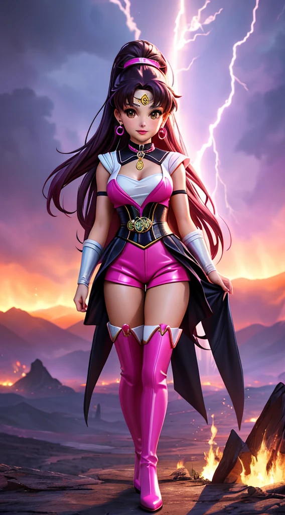 Ariana Grande designed with a high level of detail and a glossy, almost hyper realistic quality, typical of fantasy art of Mortal Kombat. Ariana Grande is wearing a pink outfit, shorts and thigh highs boots. fire raining from the sky, lightning and sun rays, epic masterpiece, cinematic experience, 8k, fantasy digital art, HDR, UHD. This contrast between the fantastical character and the more traditional Sailor Moon color scheme and elements gives the piece an intriguing narrative quality.