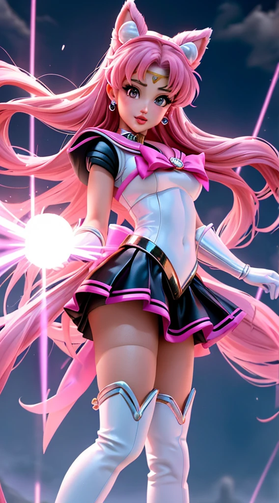 Ariana Grande designed with a high level of detail and a glossy, almost hyper realistic quality, typical of fantasy art of Mortal Kombat. Ariana Grande is wearing a pink  outfit, shorts and thigh highs boots. fire raining from the sky, lightning and sun rays, epic masterpiece, cinematic experience, 8k, fantasy digital art, HDR, UHD. This contrast between the fantastical character and the more traditional Sailor Moon color scheme and elements gives the piece an intriguing narrative quality. 