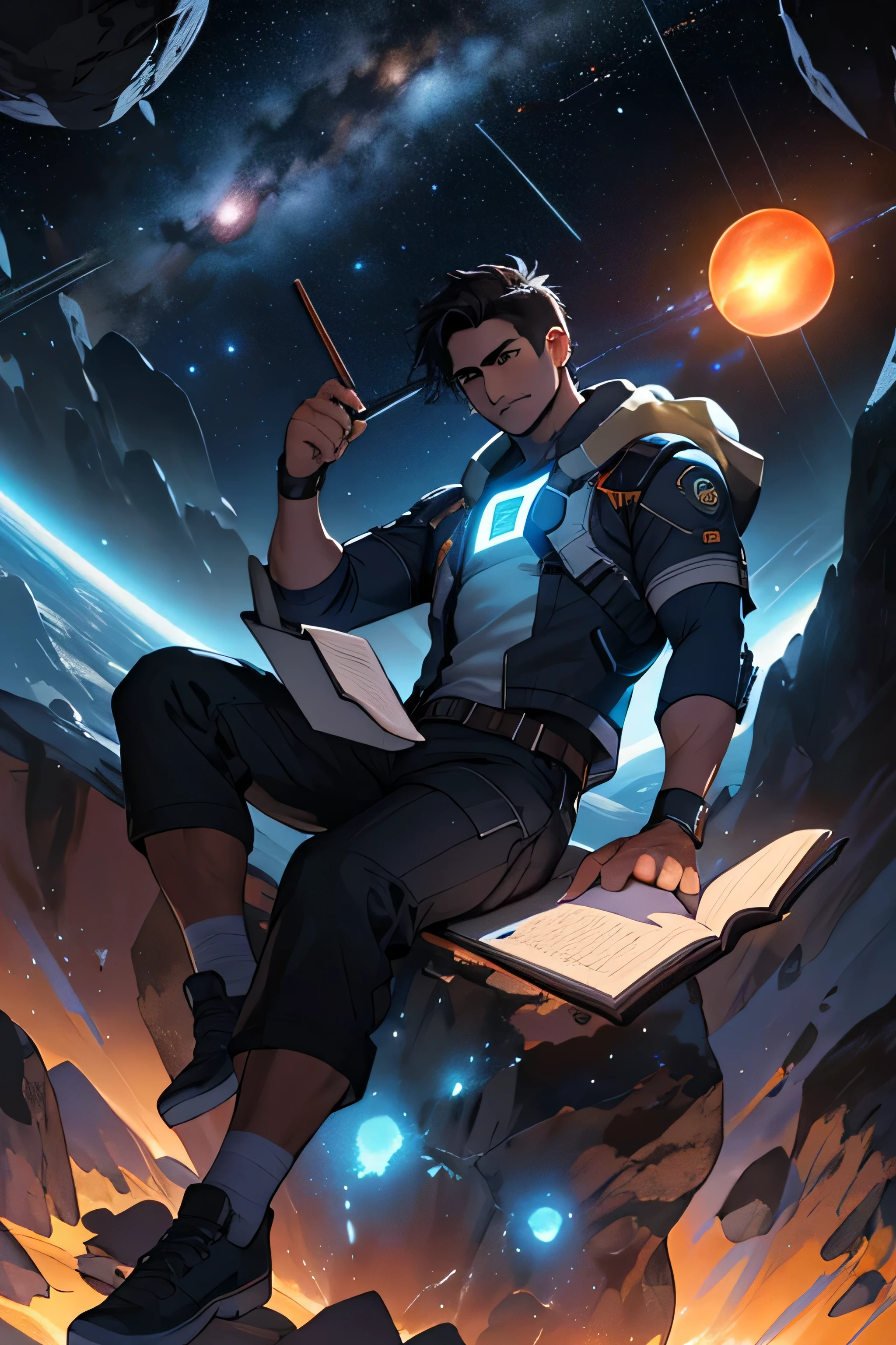 Dibuja un joven programador., sitting on a research platform floating in the middle of an asteroid belt. He is studying with a notebook., rodeado por varios asteroides que brillan con auras de fuego. Spectacular illumination of distant stars and planets illuminates the scene., proyectando sombras profundas sobre el traje. El joven parece confiado y decidido., mirando el vasto y misterioso universo con asombro y respeto,vello facial, tiro de vaquero,