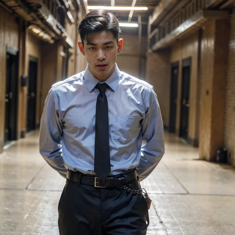 1 handsome Asian guy,27岁policeman,arafed male police 官 in walking down a hallway, , wearing a police , police , full outfit: police, , majestic,Who is Shi Yu?, Li Yuanbin, Kim Hyung Tae, Kim Hyung Tae, Yin Shishan, Handsome Asian muscular guy,Broad shoulders and narrow waist,A handsome guy in police uniform,Form-fitting fabric contours the bust,in a remote warehouse,hands tied behind back,Hands tied behind the back,hands tied behind back,Masculine and sexy,High,Muscles look good,hairy body,Wheat complexion,black eyes(thin eyes 1:3),whole body image , (tongue out)