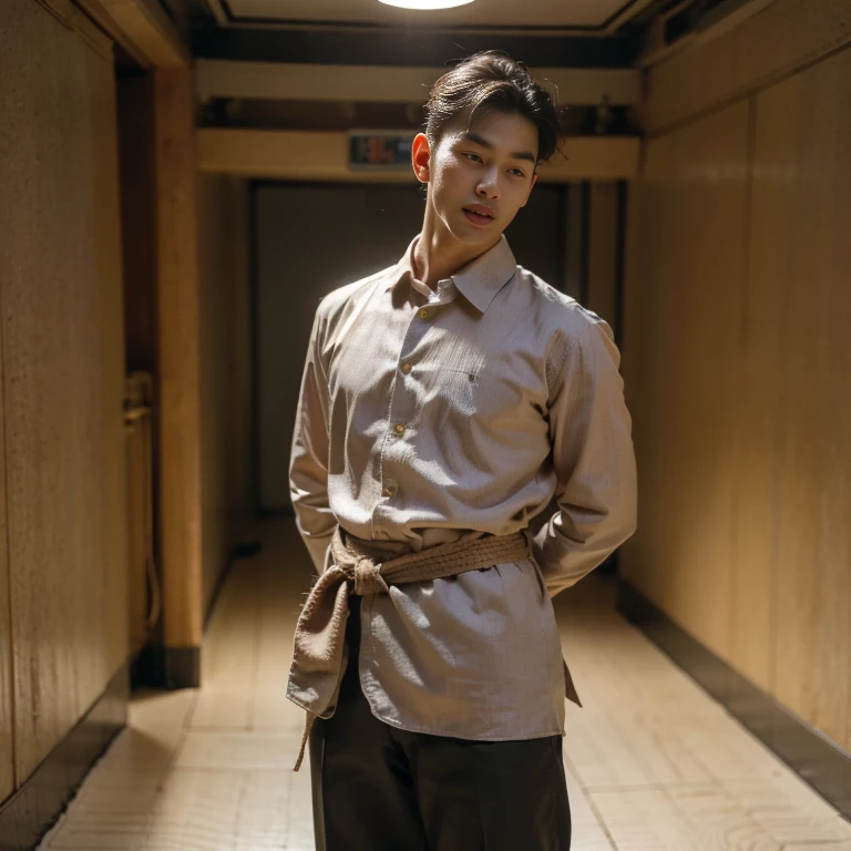 1 handsome Asian guy，27岁policeman，arafed male police 官 in  walking down a hallway, , wearing a police ,  police ,  full outfit: police, , majestic，Who is Shi Yu?, Li Yuanbin, Kim Hyung Tae, Kim Hyung Tae, Yin Shishan, Handsome Asian muscular guy，Broad shoulders and narrow waist，A handsome guy in police uniform，Form-fitting fabric contours the bust，in a remote warehouse，hands tied behind back，Hands tied behind the back，hands tied behind back，Masculine and sexy，High，Muscles look good，hairy body，Wheat complexion，black eyes（thin eyes 1：3），whole body image , (tongue out)