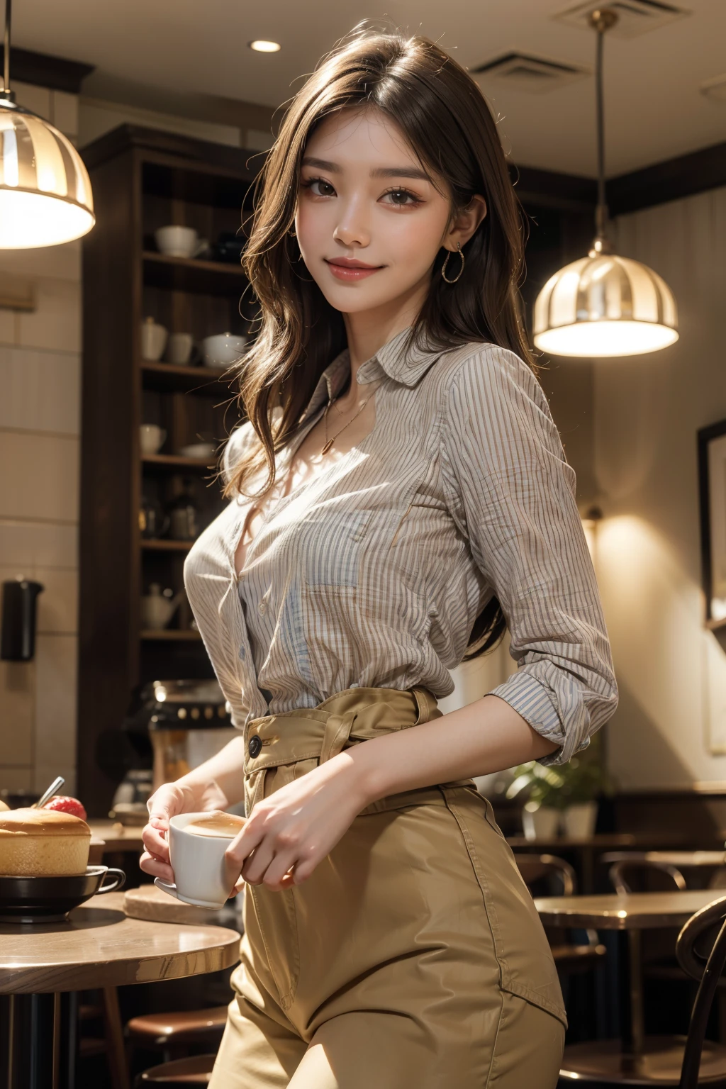 Best quality, masterpiece, ultra high res, (photorealistic:1.4), raw photo, 1girl, waist up, in coffeeshop, deep shadow, dark theme