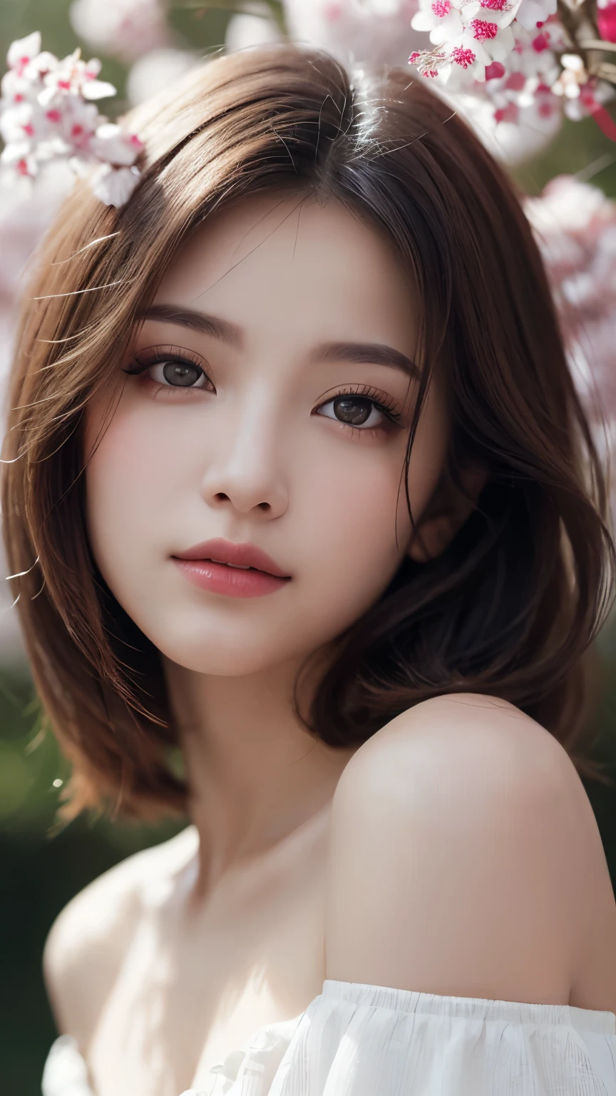 1 girl, (surreal), (highly detailed eyes, highly detailed hair, highly detailed face, Highly detailed plump lips), (off shoulder), chest, looking for a smile, (highest quality:1.4), Raw photo, (surreal), (realistic:1.4), professional photography, cinematic light, Depth of the bounds written, Cherry tree, clear sky,