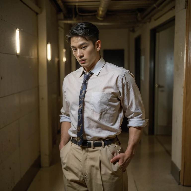 1 handsome Asian guy，27岁policeman，arafed male police 官 in  walking down a hallway, , wearing a police ,  police ,  full outfit: police, , majestic，Who is Shi Yu?, Li Yuanbin, Kim Hyung Tae, Kim Hyung Tae, Yin Shishan, Handsome Asian muscular guy，Broad shoulders and narrow waist，A handsome guy in police uniform，Form-fitting fabric contours the bust，in a remote warehouse，hands tied behind back，Hands tied behind the back，hands tied behind back，Masculine and sexy，High，Muscles look good，hairy body，Wheat complexion，black eyes（thin eyes 1：3），whole body image , ( thick hips ) , ( thick thighs )