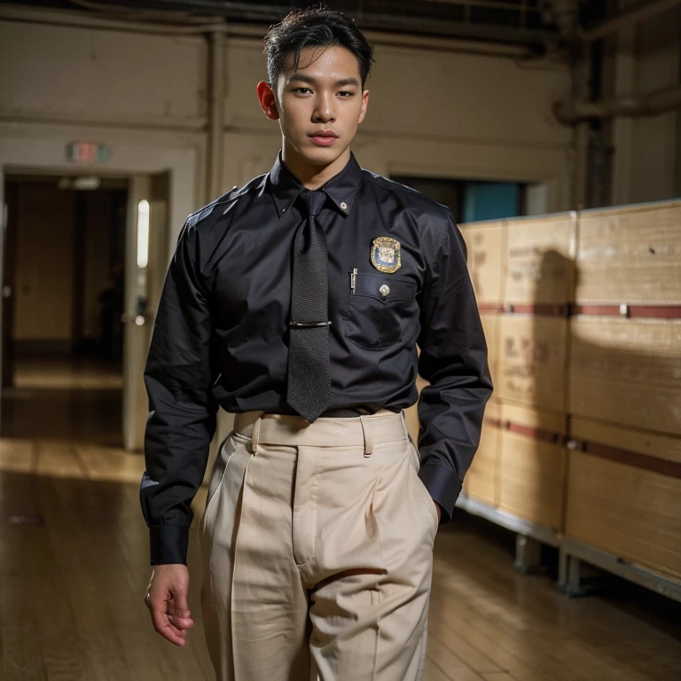 1 handsome Asian guy，27岁policeman，arafed male police 官 in  walking down a hallway, , wearing a police ,  police ,  full outfit: police, , majestic，Who is Shi Yu?, Li Yuanbin, Kim Hyung Tae, Kim Hyung Tae, Yin Shishan, Handsome Asian muscular guy，Broad shoulders and narrow waist，A handsome guy in police uniform，Form-fitting fabric contours the bust，in a remote warehouse，hands tied behind back，Hands tied behind the back，hands tied behind back，Masculine and sexy，High，Muscles look good，hairy body，Wheat complexion，black eyes（thin eyes 1：3），whole body image , ( thick hips ) , ( thick thighs )