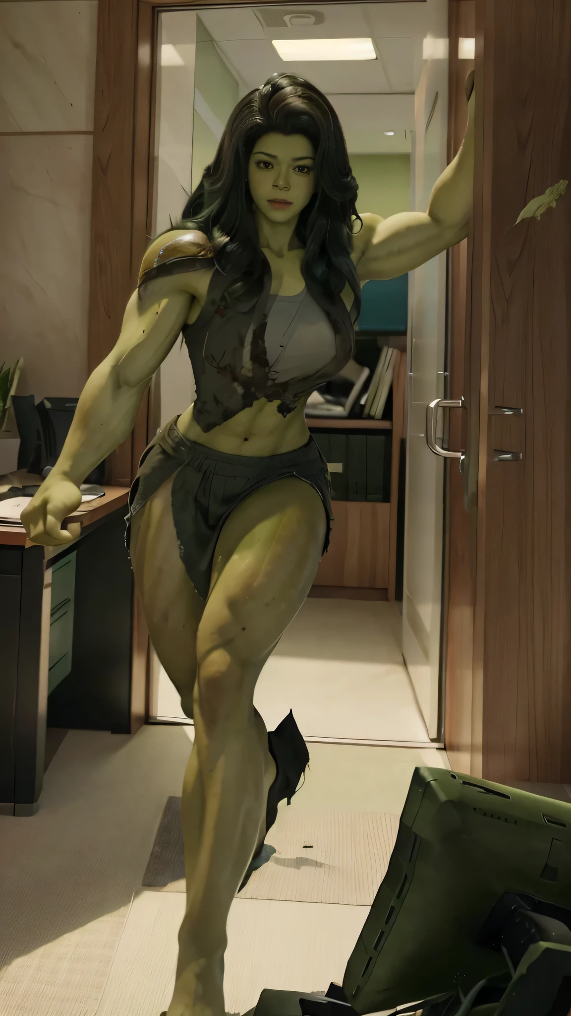 realistic, woman in hulk costume, cosplay hulk, green body skin tone, naked, no clothes, no underwear, big boobs, muscular body, muscular arms, no panties, visible shape of vagina, visible pubic hair, vaginal hair , pubic hair, big hips, big ass, big thighs,