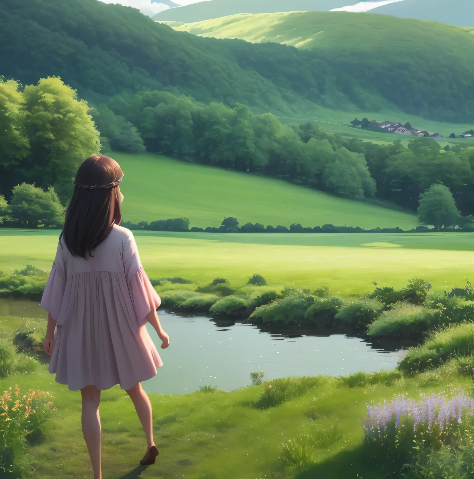 In a green meadow stands a girl leading a group of knights.
BREAK
With a brave expression, she guides them towards their destination.
BREAK
Behind her, a green forest stretches out and beyond that, mountains rise in the distance.
BREAK
The most suitable effect for this scene would be a watercolor painting technique to capture the softness of the meadow and the fluidity of the movement.